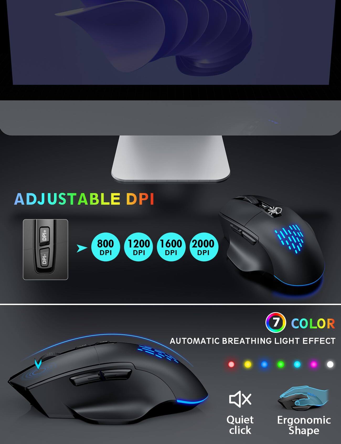 ADJUSTABLE DPI  
DPI+ DPI-  
800 DPI 1200 DPI 1600 DPI 2000 DPI  

7 COLOR  
AUTOMATIC BREATHING LIGHT EFFECT  

Quiet click  
Ergonomic Shape