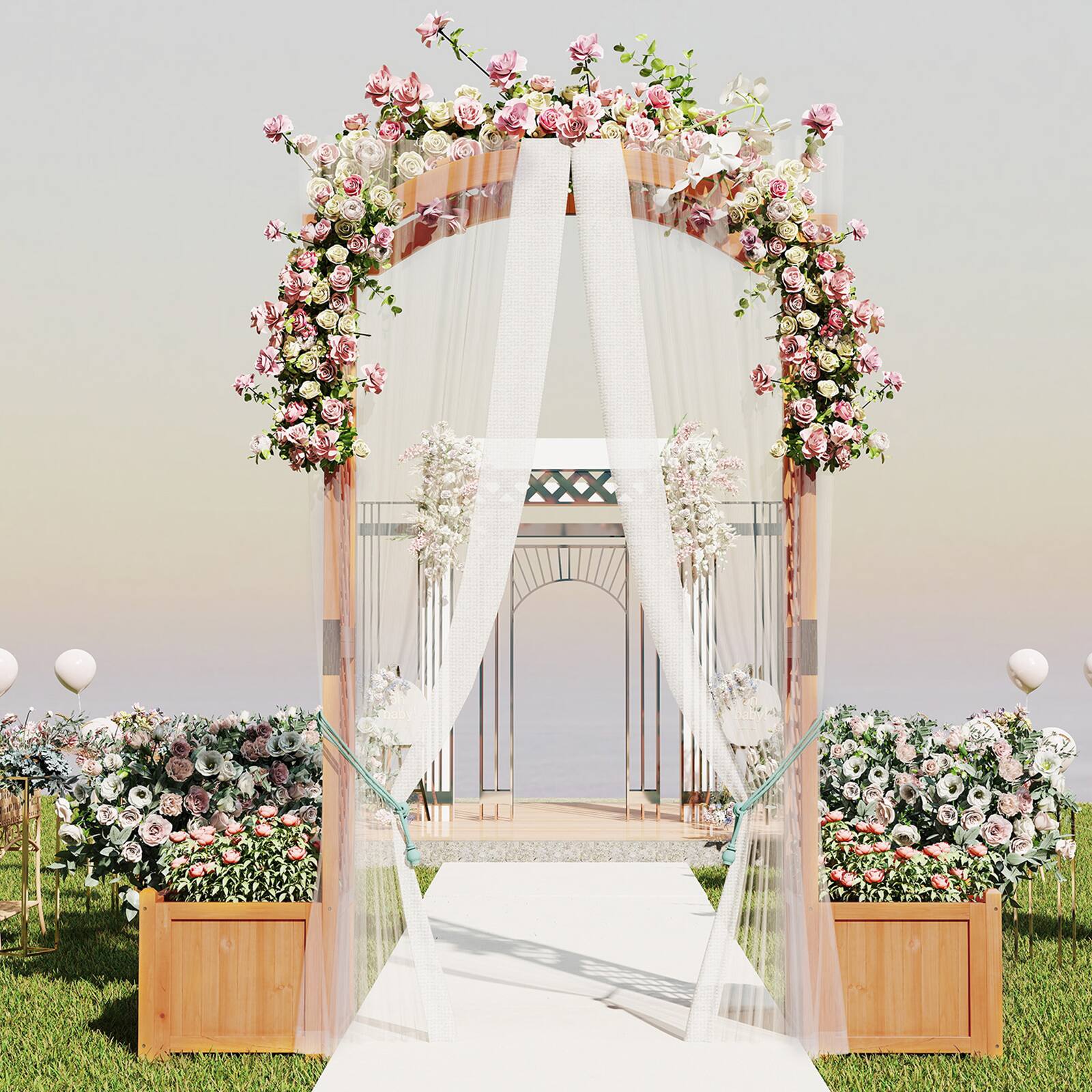 Alt View 1. Gymax - Gymax Wooden Garden Arbor w/ 2 Planter Boxes Drainage 6 FT Solid Wood Arbour Trellis Yellow - Yellow.