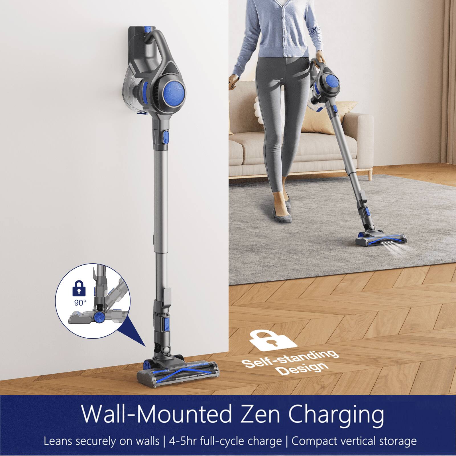 Self-standing Design, Wall-Mounted Zen Charging, Leans securely on walls | 4-5hr full-cycle charge | Compact vertical storage