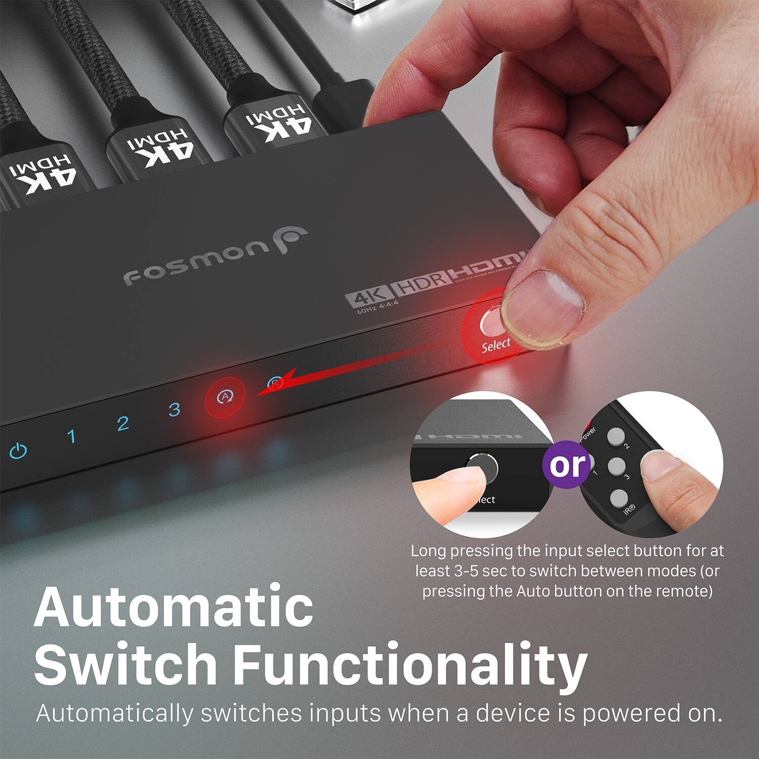 HDMI HDMI 4K HDMI 4K 4K fosmon HOm 4K HDR A.A4 4OMX Select 1 2 3 HDR Power or 2 ect IND Long pressing the input select button for at least 3-5 sec to switch between modes (or pressing the Auto button on the remote) Automatic Switch Functionality Automatically switches inputs when a device is powered on.