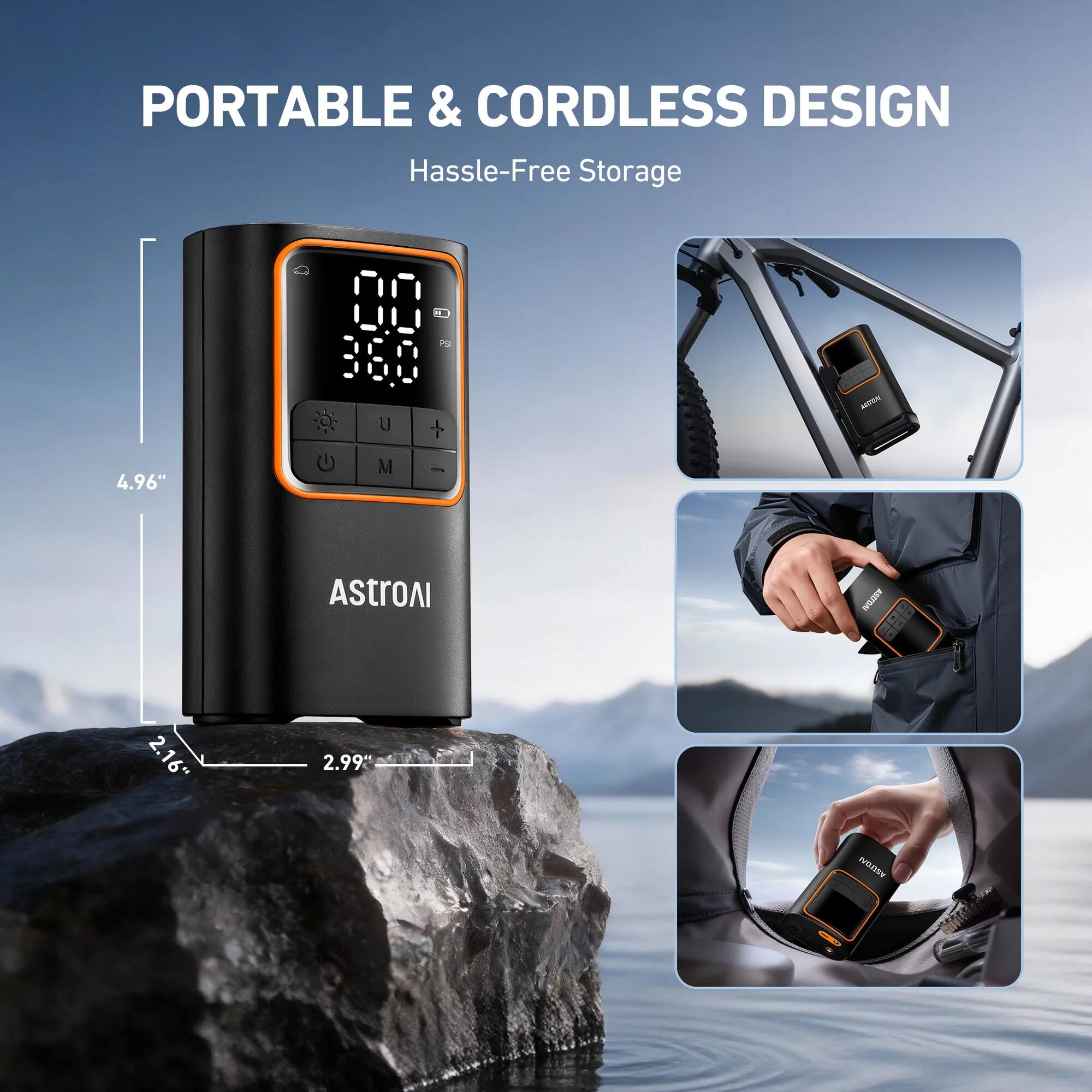 PORTABLE & CORDLESS DESIGN  
Hassle-Free Storage  

4.96"  
2.16" x 2.99"  

ASTROAI