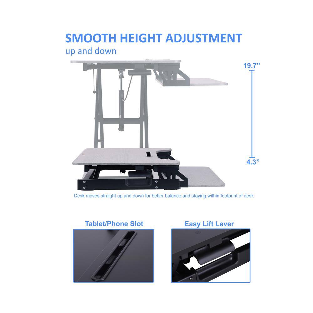 SMOOTH HEIGHT ADJUSTMENT  
up and down  

Desk moves straight up and down for better balance and staying within footprint of desk  

Tablet/Phone Slot  

Easy Lift Lever  

19.7"  
4.3"