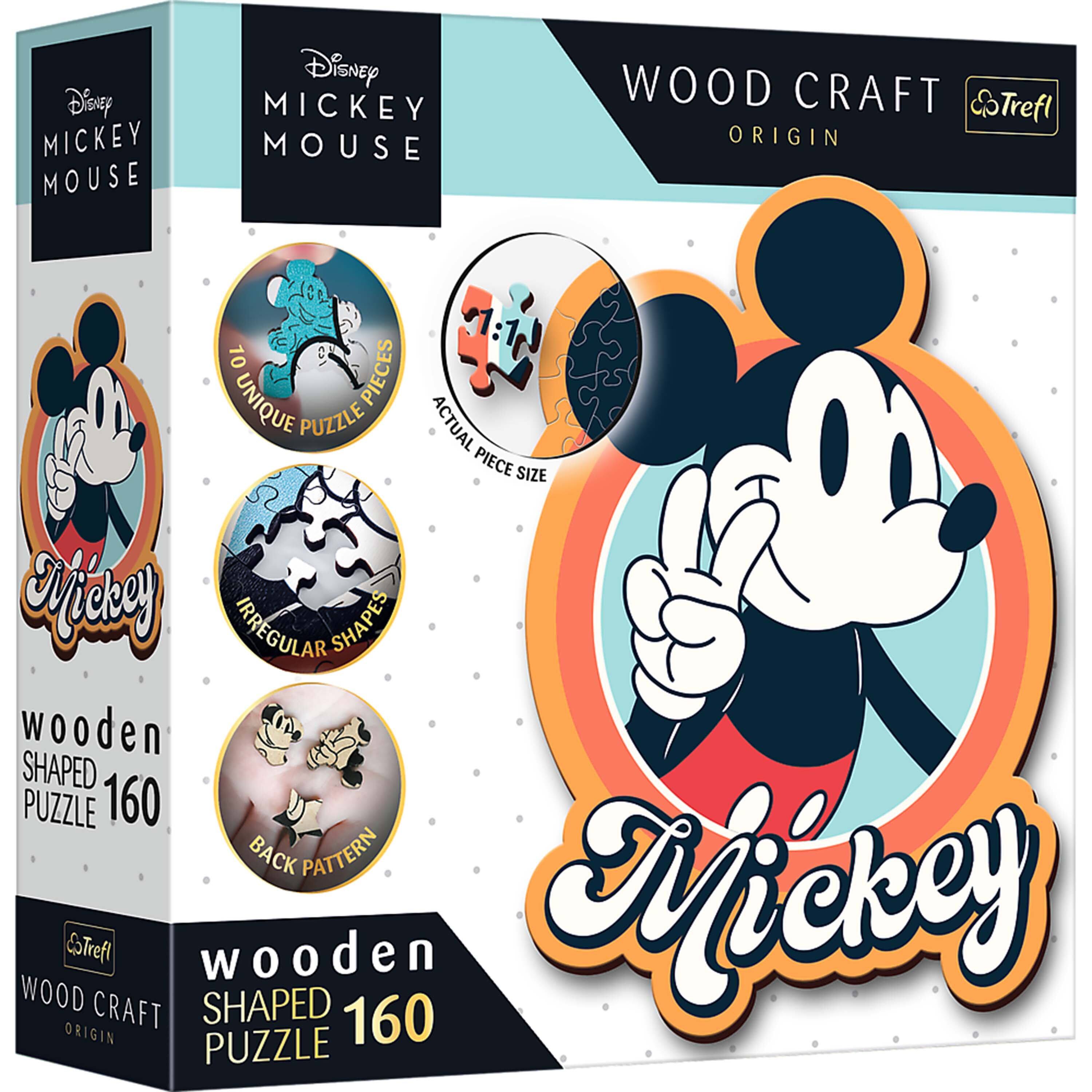 Disney MICKEY MOUSE  
WOOD CRAFT Treft ORIGIN  
10 UNIQUE PUZZLE PIECES  
ACTUAL PIECE SIZE  
IRREGULAR SHAPES  
WOODEN SHAPED PUZZLE 160  
BACK PATTERN  
DIFFICULTY
