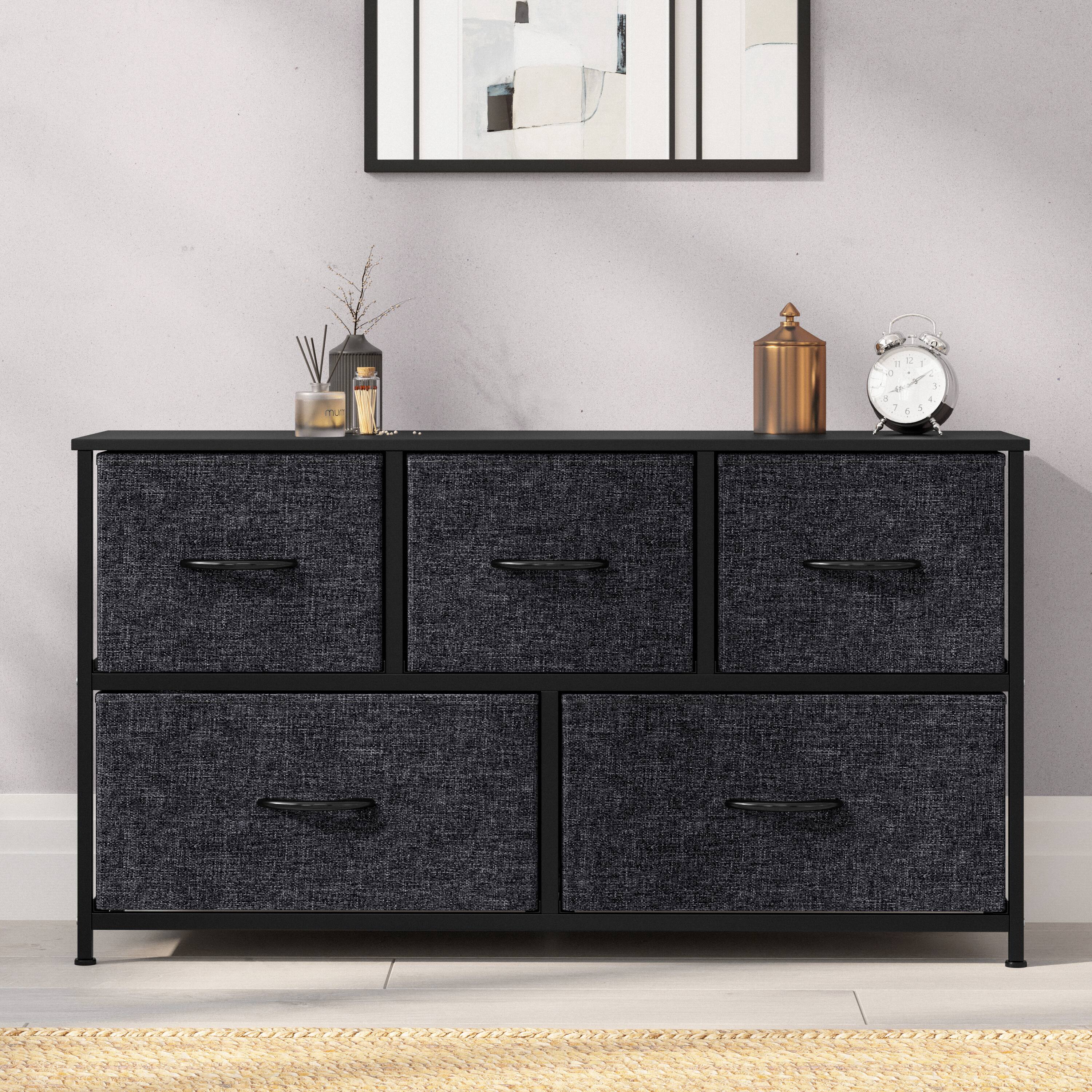Alt View 3. Emma + Oliver - Marley 5 Drawer Storage Dresser with Cast Iron Frame, Wood Top and Easy Pull Fabric Drawers with Wooden Handles - Black Drawers/Black Frame.