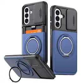 Dteck - Rugged Case for Samsung Galaxy S25+ Shockproof Drop Protection Hidden Card Slot Ring Kickstand Sliding Camera Cover - Blue
