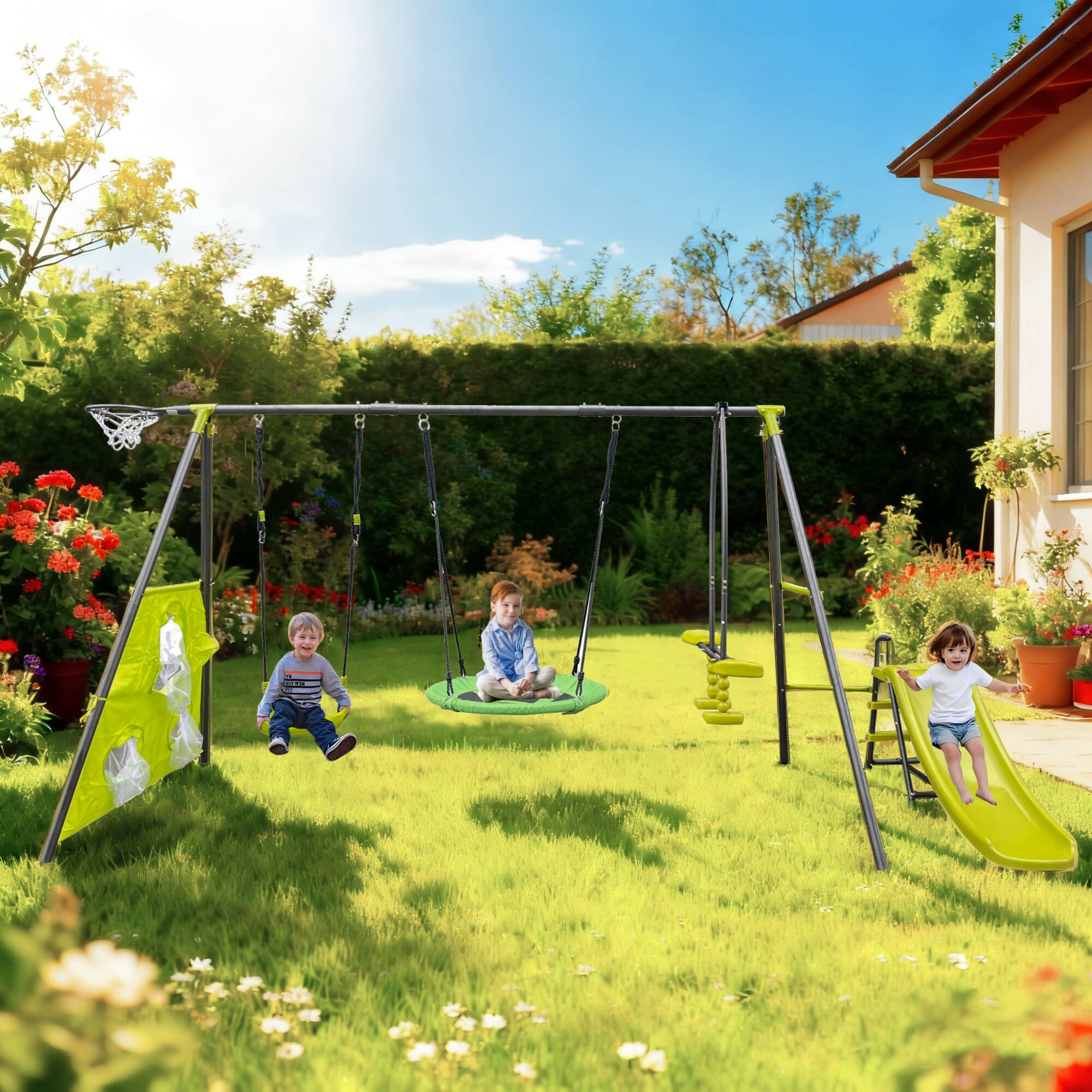Front. Siljoy - 6‑in‑1 Blue & Green Swing Set with Net Swing, Slide, Hoop, 440lb Capacity, for Age 3+ Outdoor Play - Green.