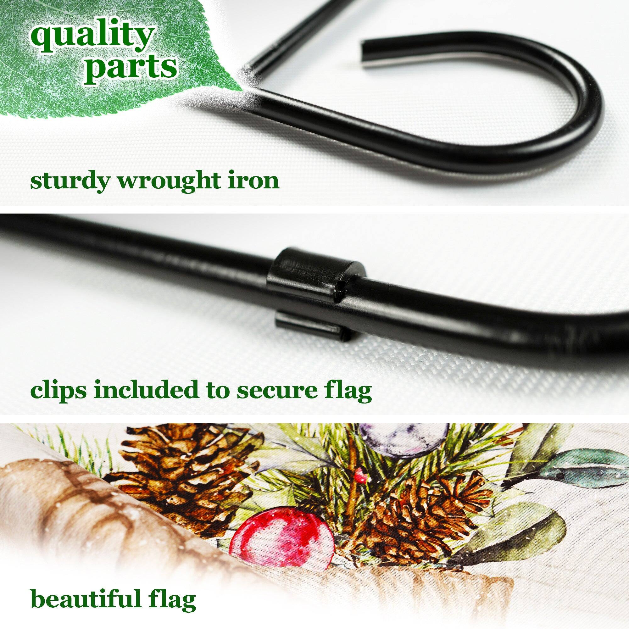 quality parts  
sturdy wrought iron  
clips included to secure flag  
beautiful flag
