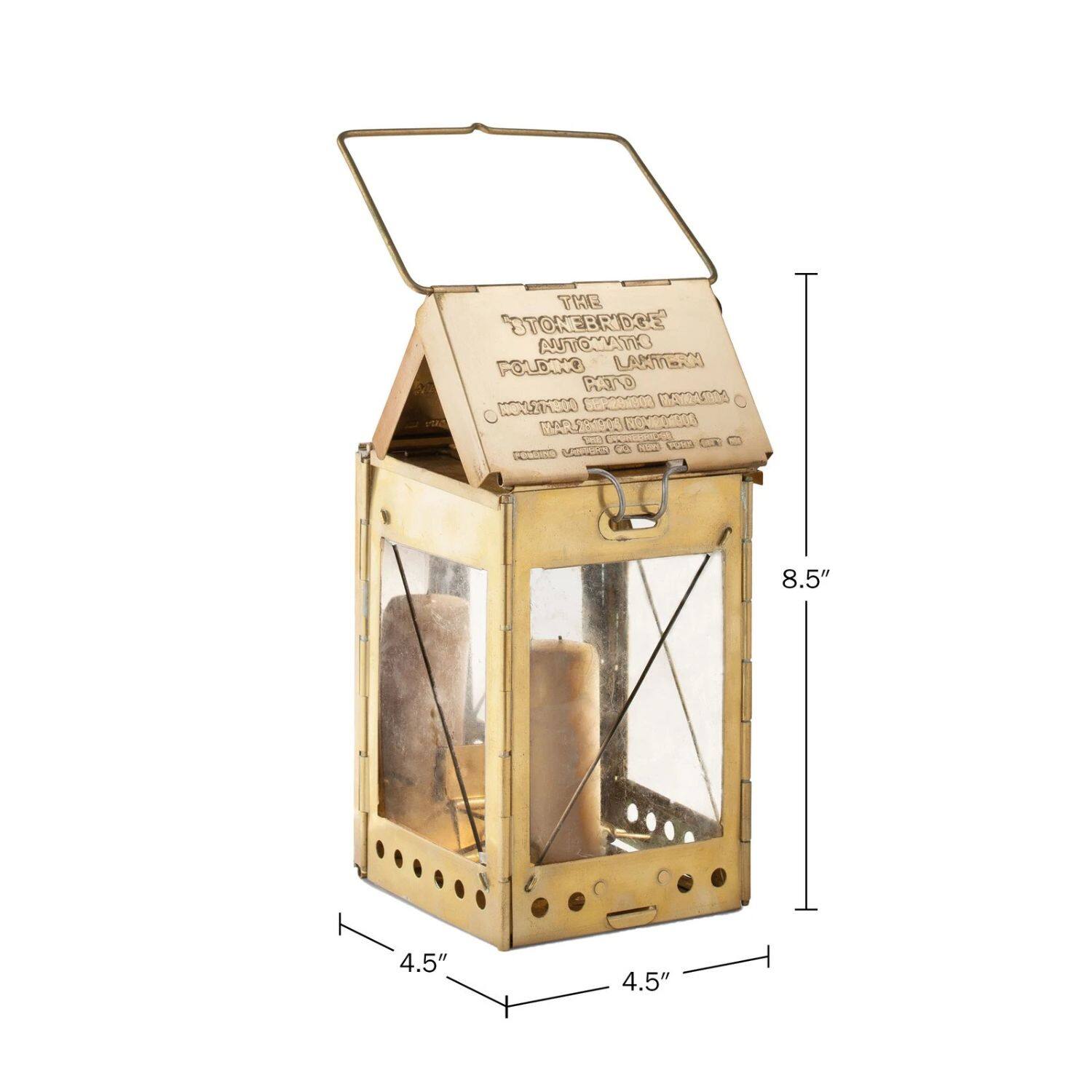 THE STOKEBRIDGE AUTOMATIC FOLDING LANTERN  
PATENT NO. 3,000,000  
MADE IN ITALY  
8.5"  
4.5"  
4.5"
