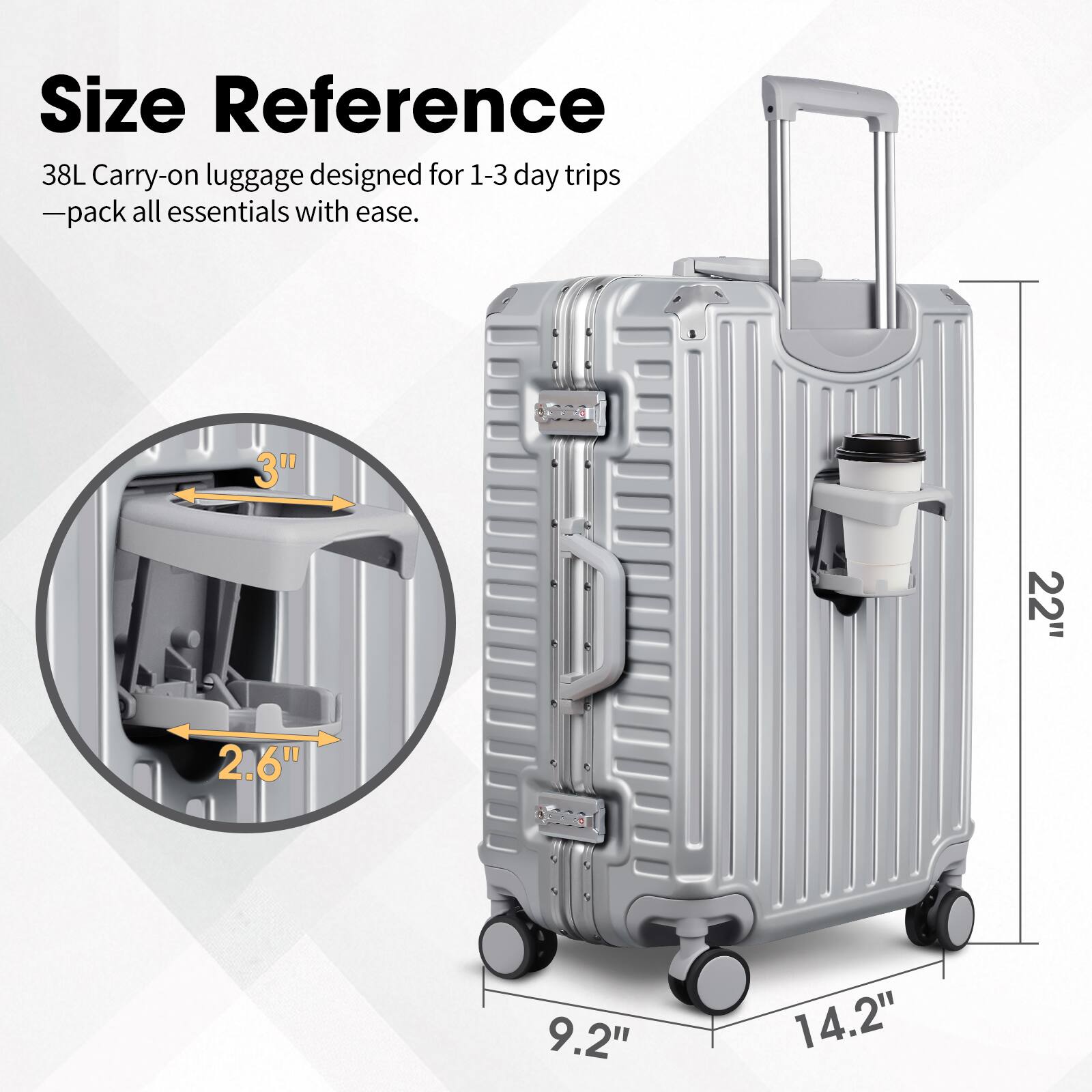 Size Reference

38L Carry-on luggage designed for 1-3 day trips - pack all essentials with ease.

- 3"
- 2.6"
- 9.2"
- 14.2"
- 22"