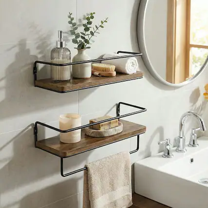 Front. Kadyn - Industrial Farmhouse Floating Shelves, Rustic Wood and Metal Design with Guardrail and Sag-Free Military-Iron Frame - Brown.