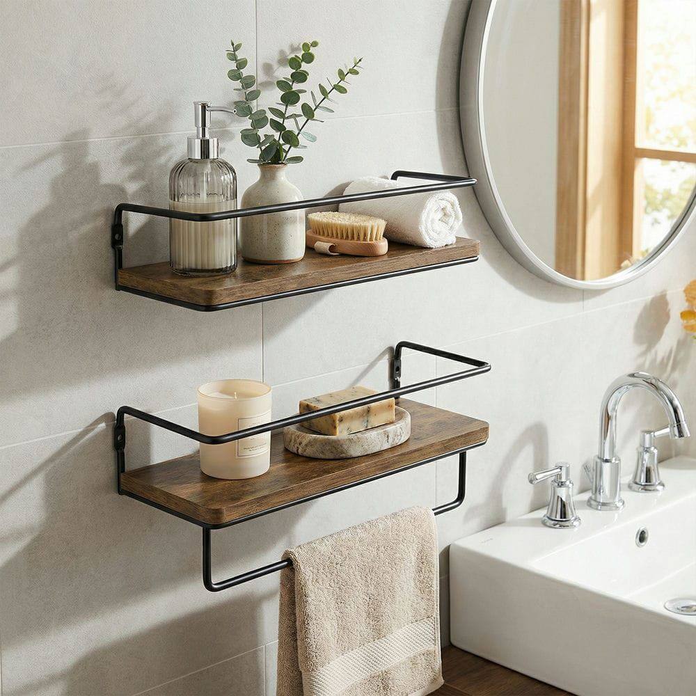 Front. Kadyn - Industrial Farmhouse Floating Shelves, Rustic Wood and Metal Design with Guardrail and Sag-Free Military-Iron Frame - Brown.