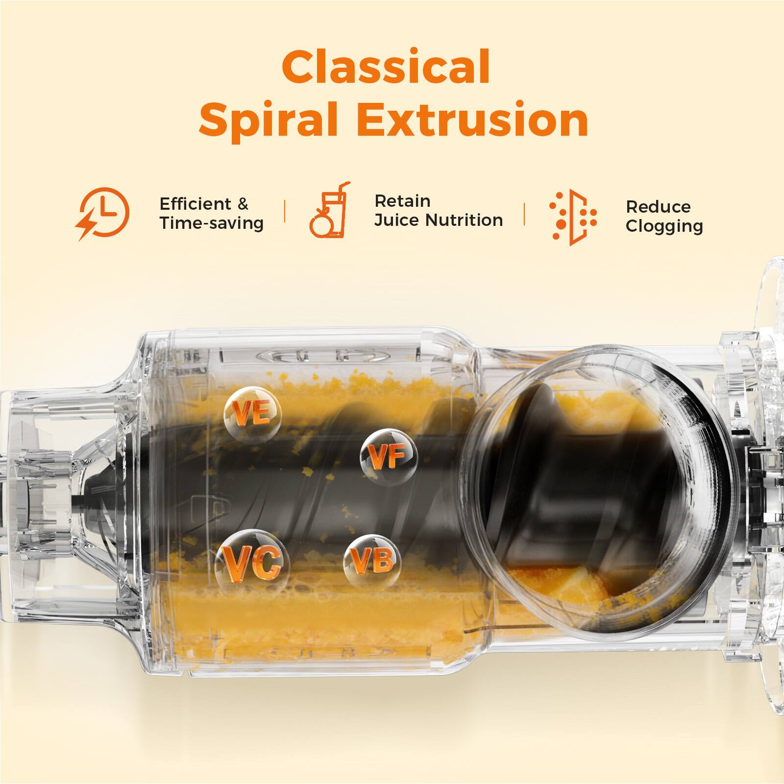 Classical Spiral Extrusion  
Efficient & Time-saving  
Retain Juice Nutrition  
Reduce Clogging  

VE  
VF  
VC  
VB