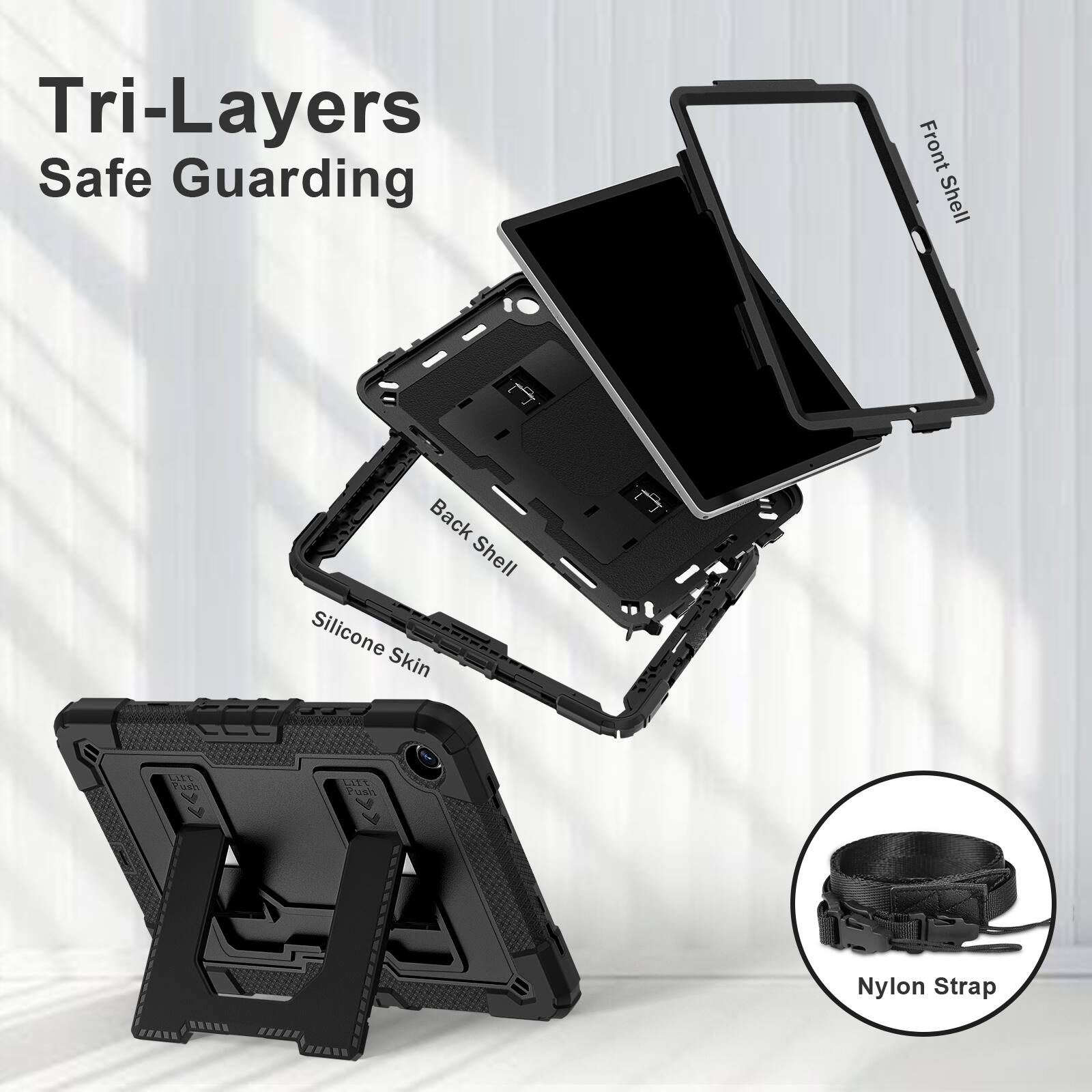 Tri-Layers Safe Guarding  
Front Shell  
Back Shell  
Silicone Skin  
Nylon Strap
