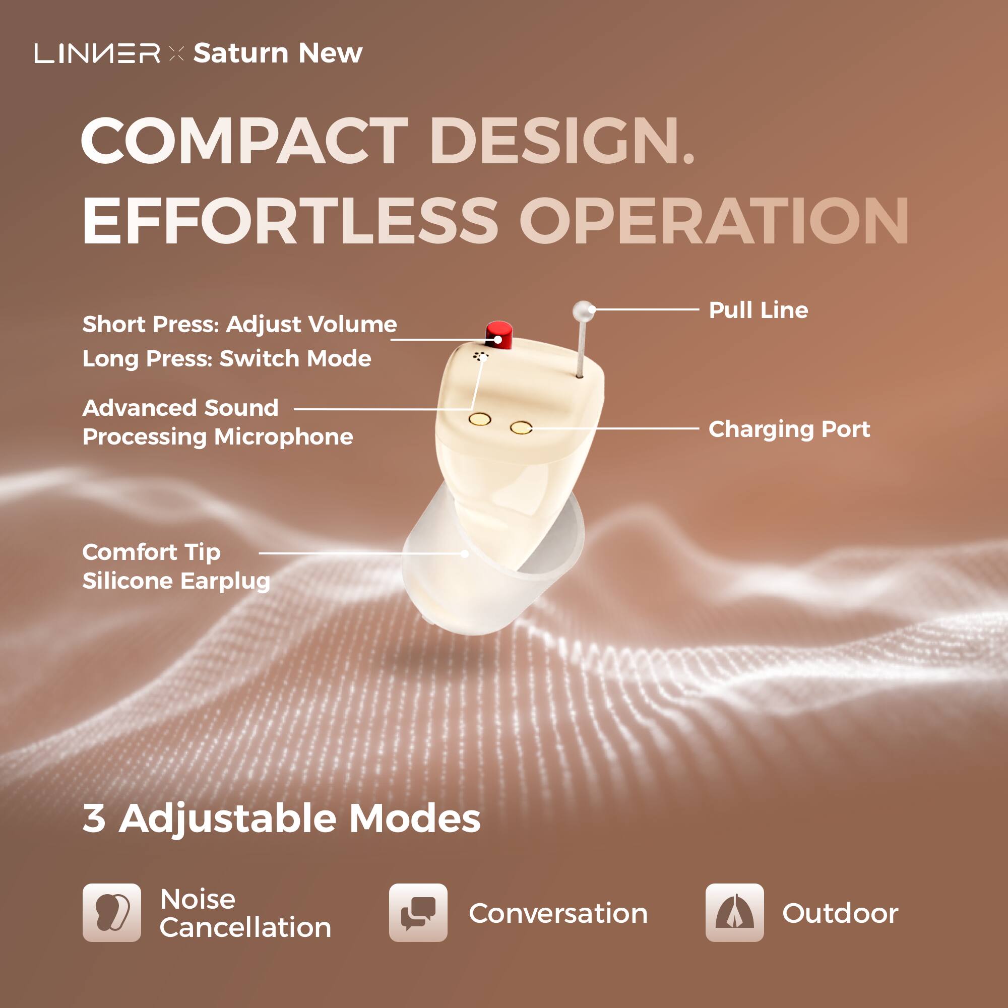 LINIER x Saturn New

COMPACT DESIGN.  
EFFORTLESS OPERATION

- Short Press: Adjust Volume  
- Long Press: Switch Mode  
- Advanced Sound Processing Microphone  
- Pull Line  
- Charging Port  
- Comfort Tip Silicone Earplug  

3 Adjustable Modes  
- Noise Cancellation  
- Conversation  
- Outdoor