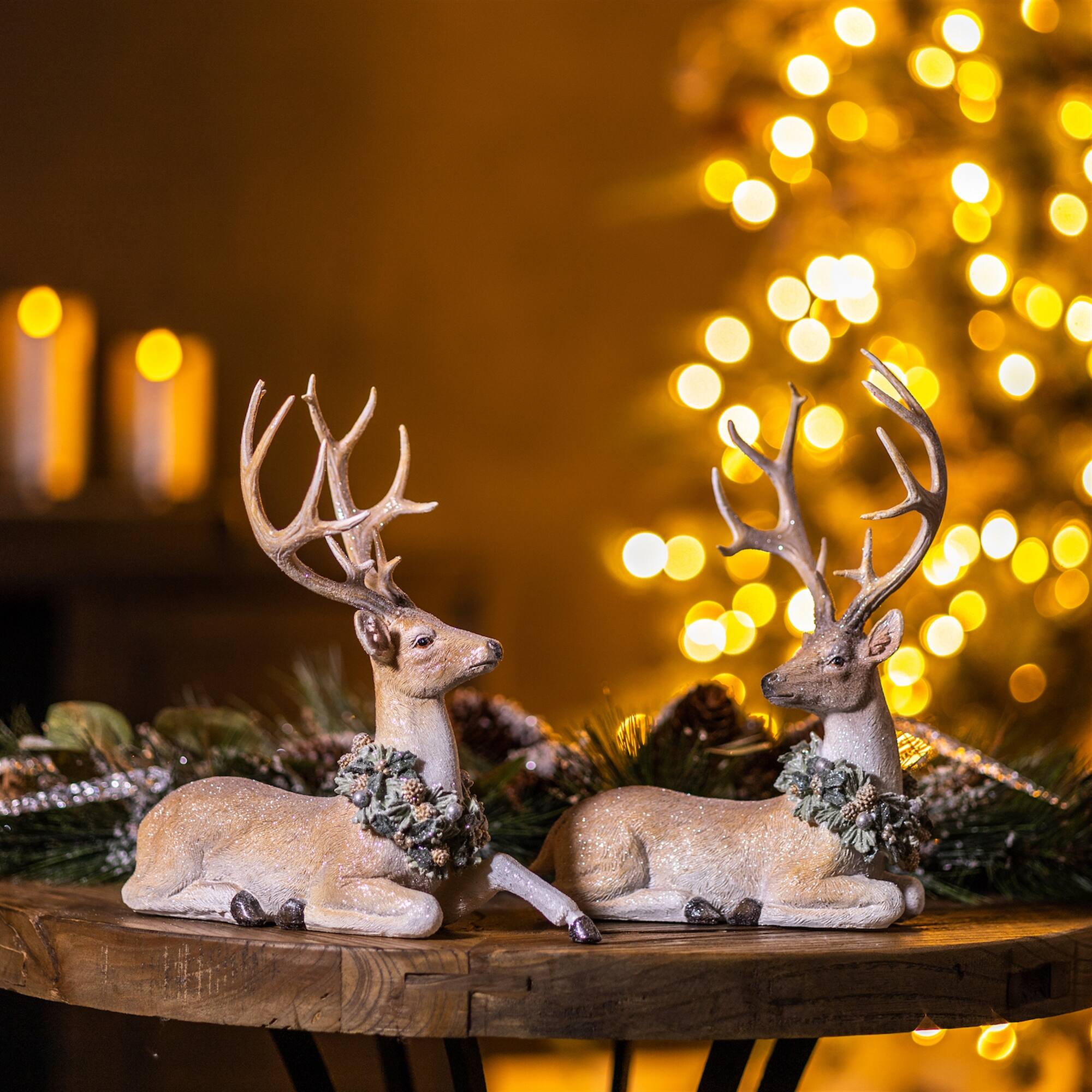 Alt View 1. BreeBe - Glittered Deer with Holly Wreath (Set of 2) - Beige, White.