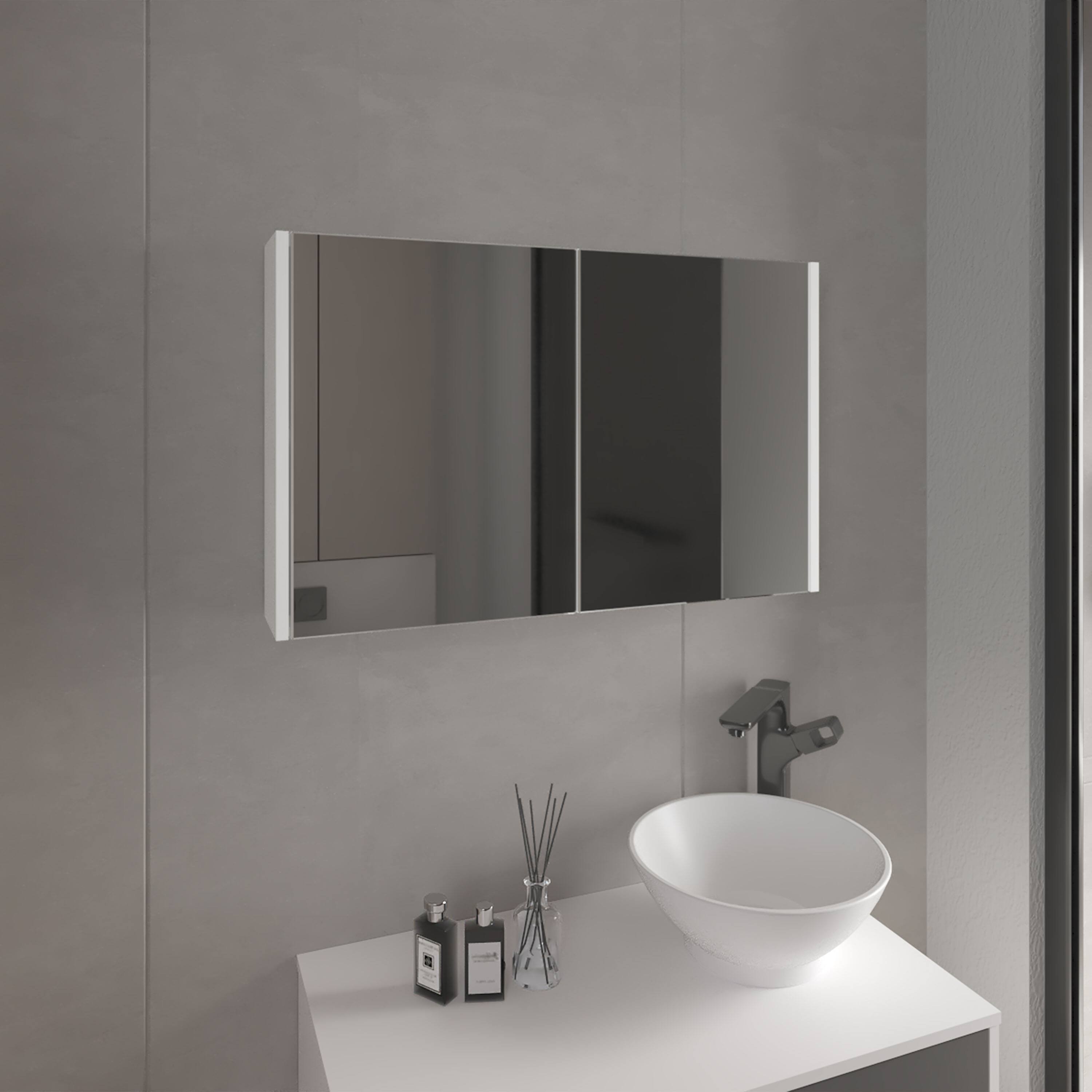 Angle. TuHome - Bouti 19.7" H X 31.5" W Double Door Mirror Medicine Cabinet, Three Interior Shelves For Bathroom, Kitchen - White.