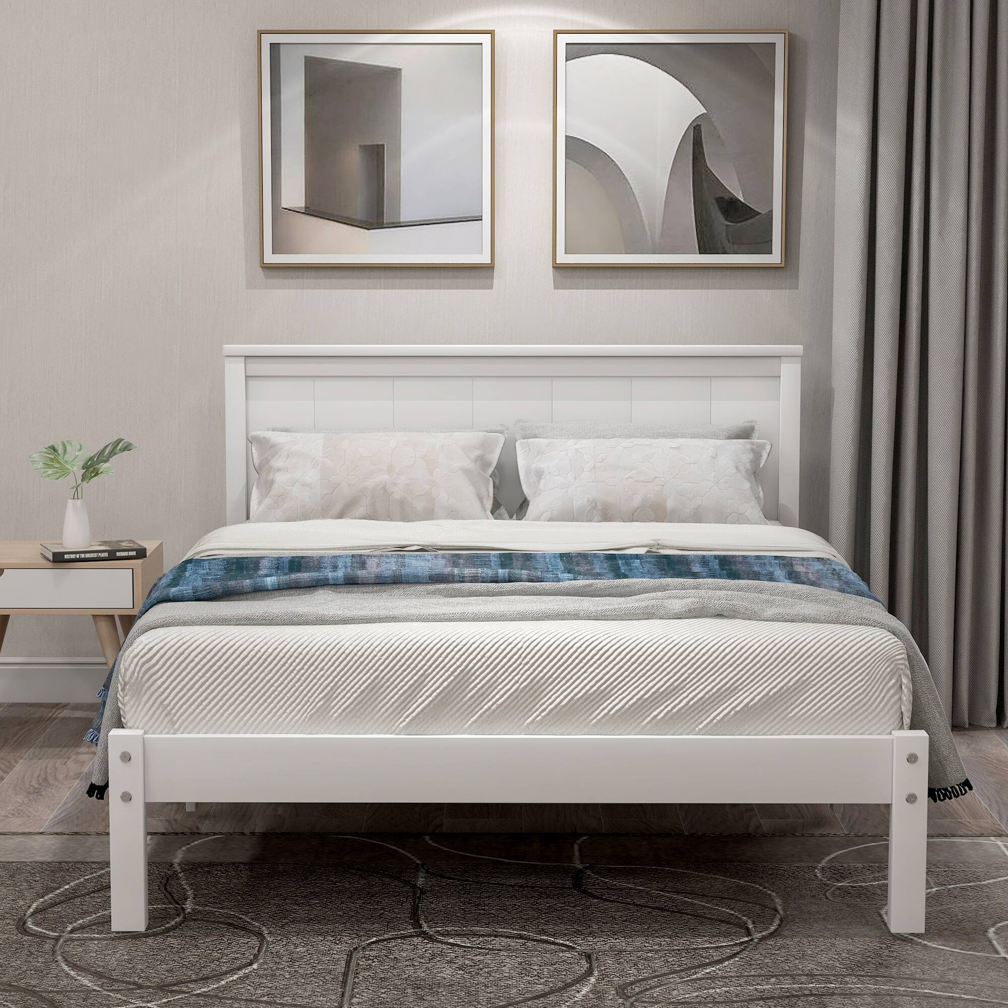 Alt View 2. Whisen - Twin Platform Bed Frame with Headboard, Wood Slat Support, No Box Spring Needed - White.