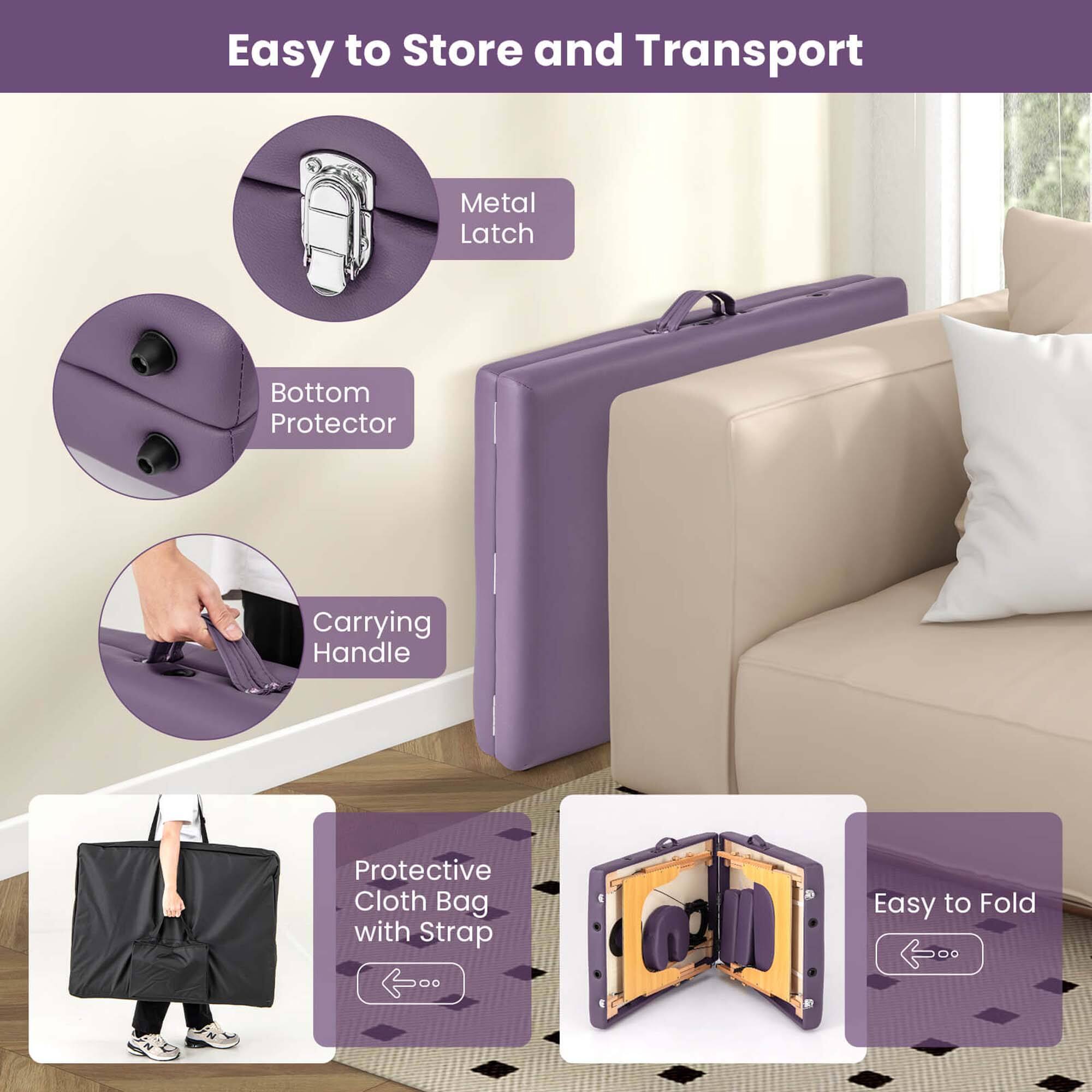 Easy to Store and Transport

- Metal Latch
- Bottom Protector
- Carrying Handle
- Protective Cloth Bag with Strap
- Easy to Fold