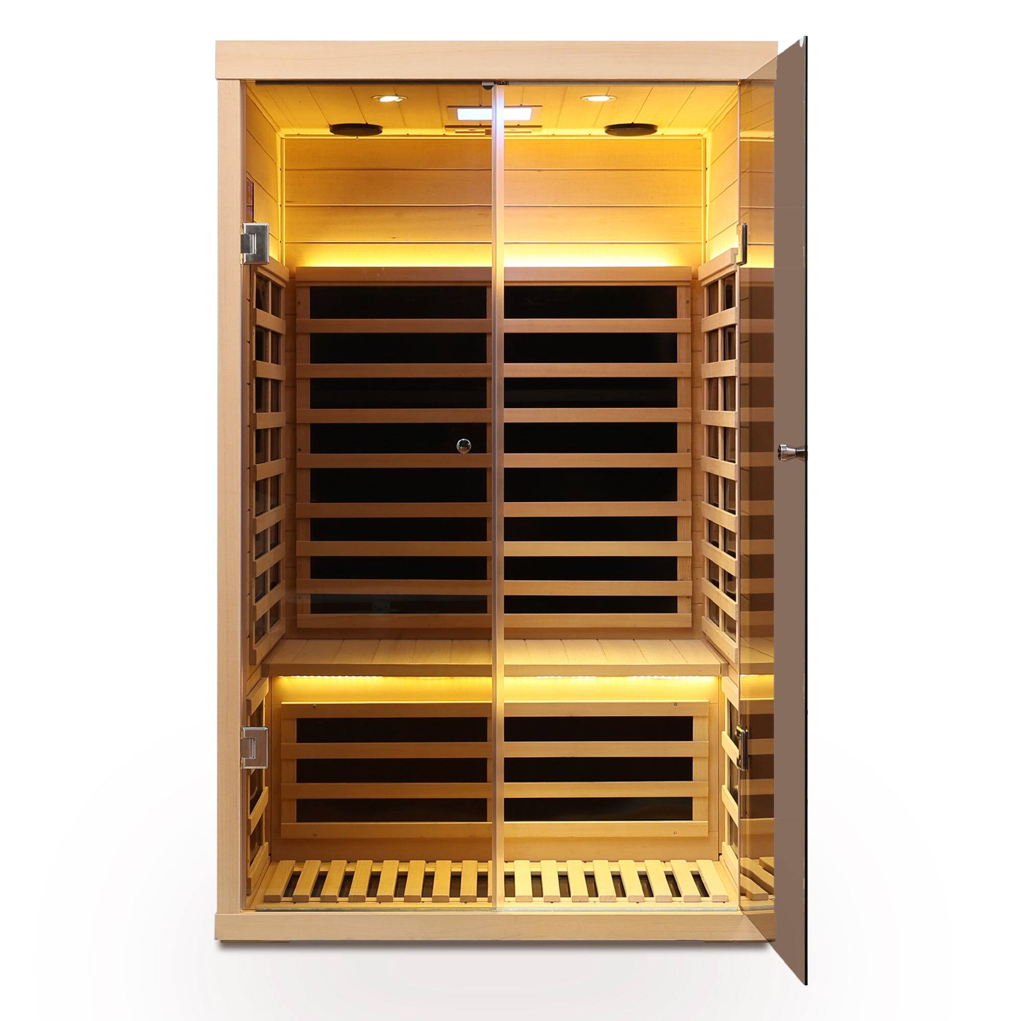 Alt View 5. Boyel Living - Low EMF Two-Person Hemlock Sauna with Double Glass Doors and Bluetooth Audio and Far Infrared Heat - Natural Wood.