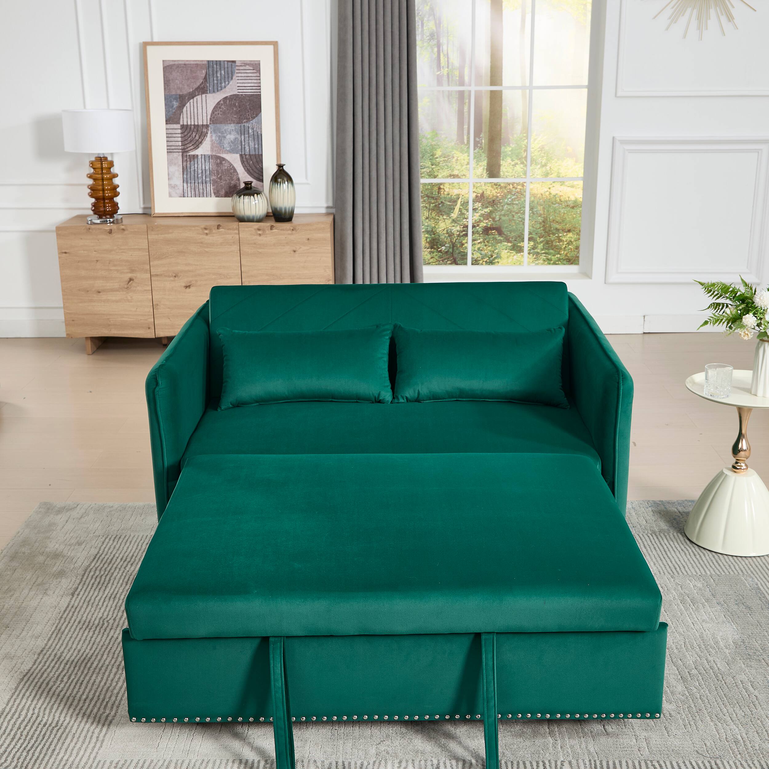 Alt View 4. Tiramisubest - 3 in 1 Convertible Sleeper Futon Sofa Bed,55" Velvet Loveseat with 2 Pillows,Reclining Backrest & Side Pockets,Green - Green.