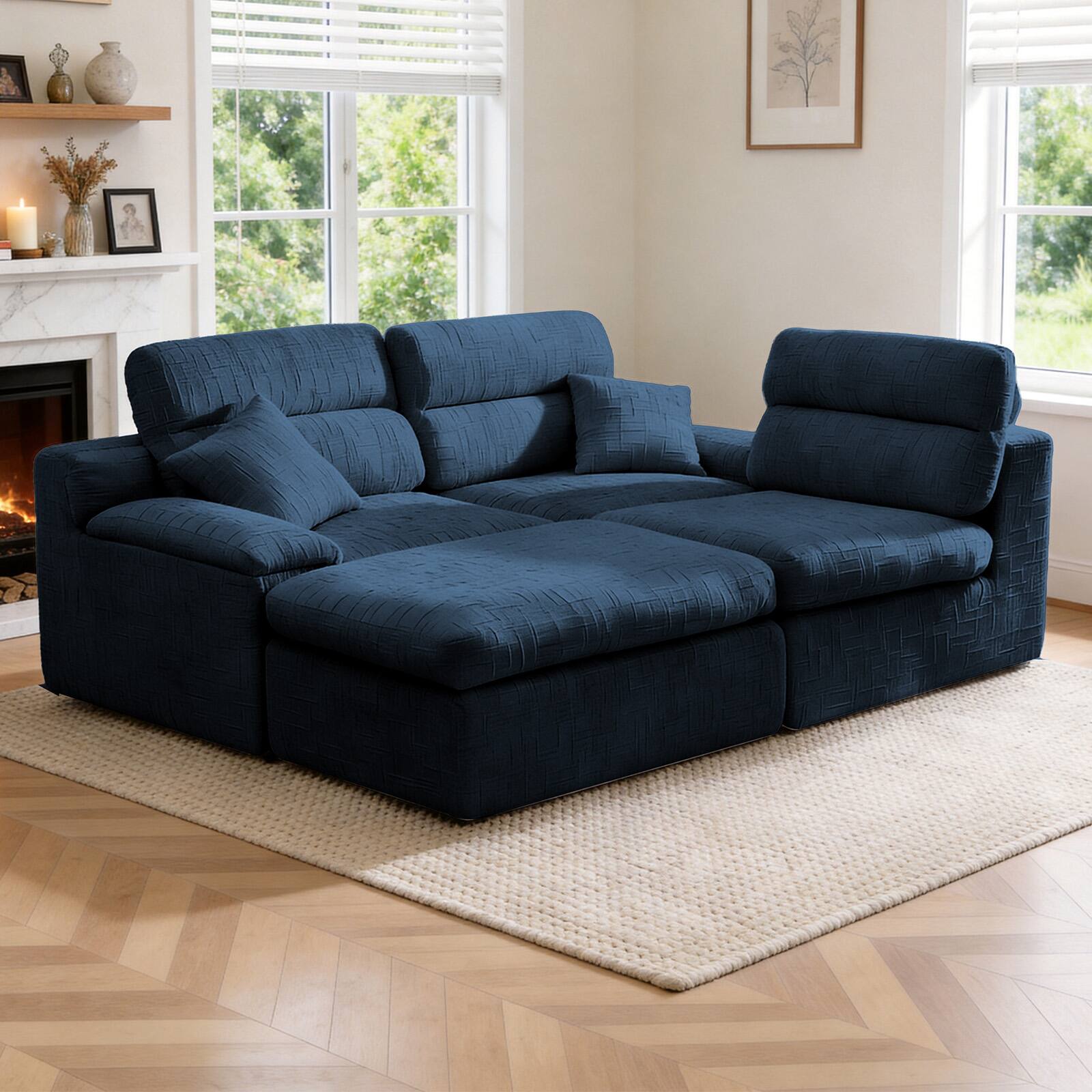 Back. Anysun - L-Shape Chenille Corner Chaise Sofa with High Backrest - Compressed Sponge, No Assembly for Living Room & Apartment - Dark Blue.