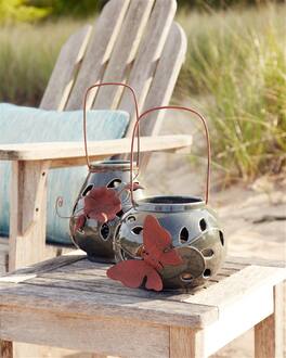 BreeBe - Ceramic Lantern Candle Holder with Metal Leaf Accent (Set of 2) - Gray