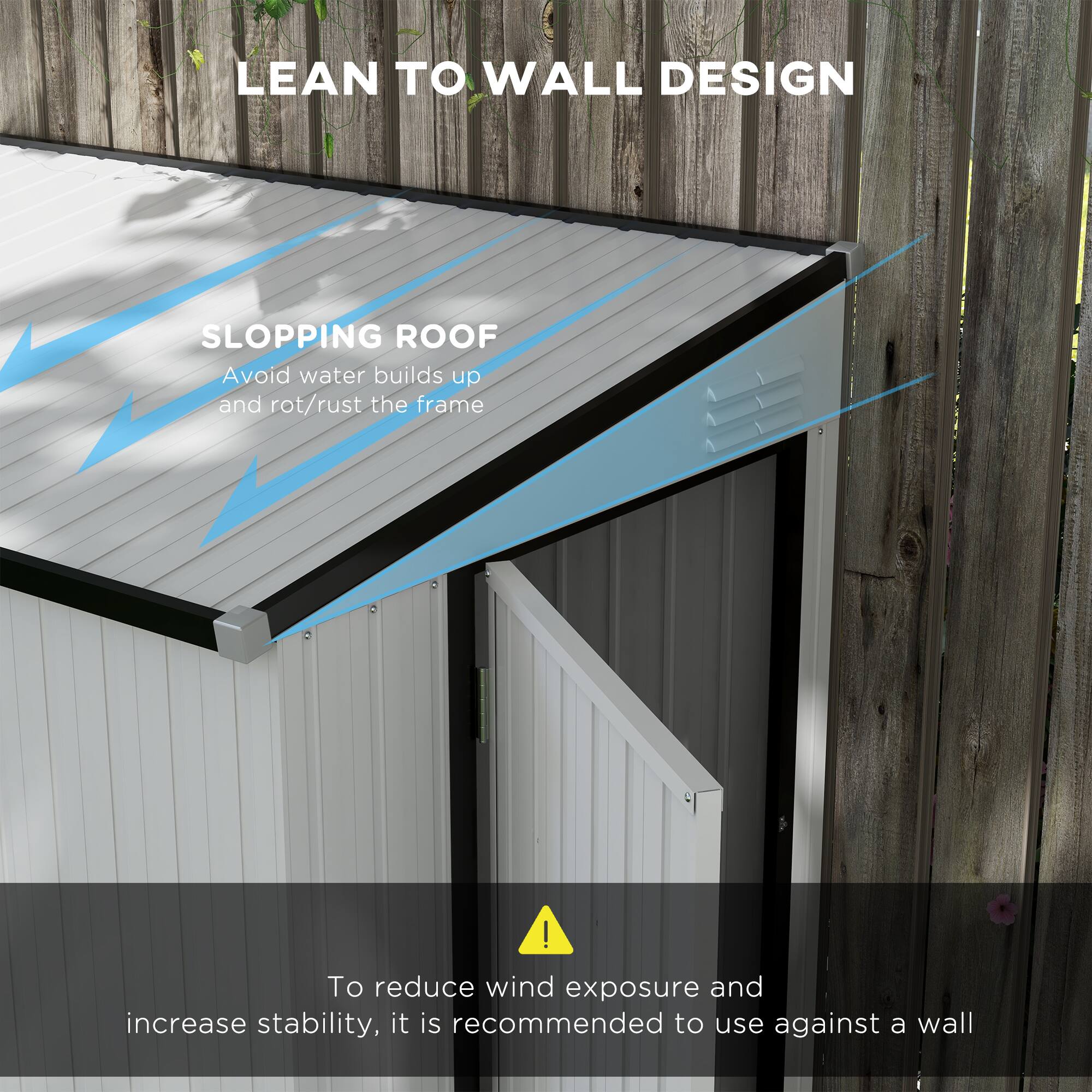 LEAN TO WALL DESIGN
SLOPPING ROOF
Avoid water builds up and rot/rust the frame
To reduce wind exposure and increase stability, it is recommended to use against a wall