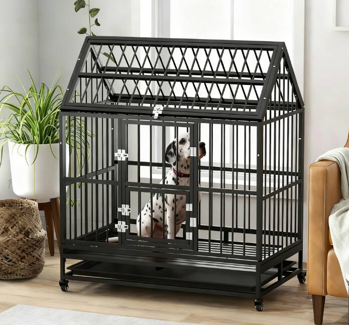 Front. Siljoy - Heavy Duty Dog Crate with 4 Lockable Wheels, Dutch‑Style Double Doors & Pointed Roof for Large Dogs.
