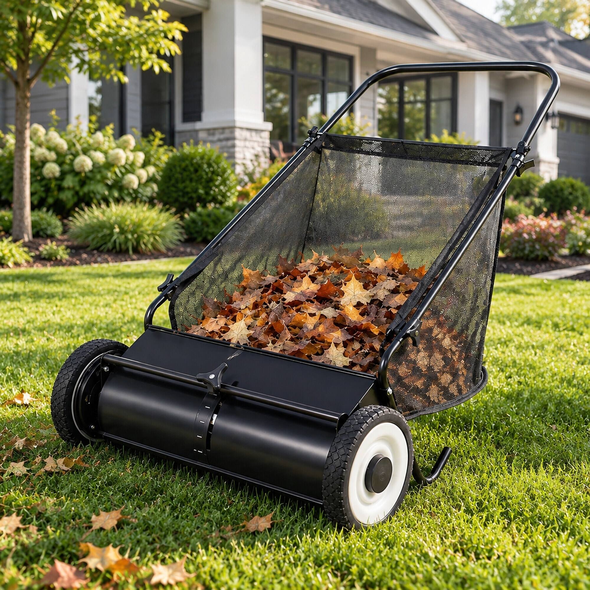 Angle. RYHNUYNE - 26-Inch Push Lawn Sweeper, 7 Cu. Ft. - Black.