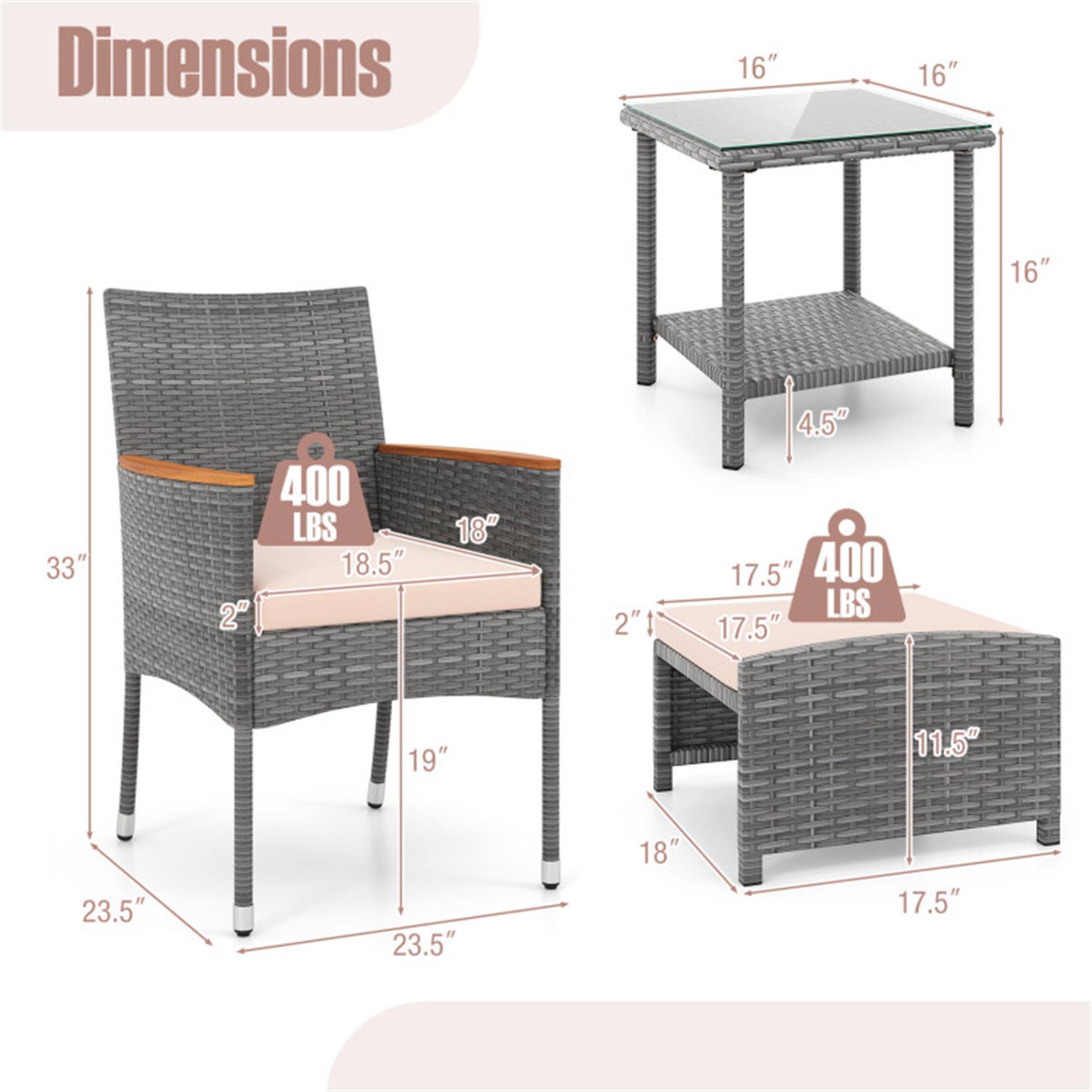 Dimensions:  
- Table: 16" x 16" x 16"  
- Weight Capacity: 400 LBS  
- Seat: 18.5" x 2"  
- Armrest: 18"  
- Height: 4.5"  
- Chair: 33" x 18.5" x 23.5"  
- Seat Height: 19"  
- Footrest: 17.5" x 11.5"  
- Weight Capacity: 400 LBS