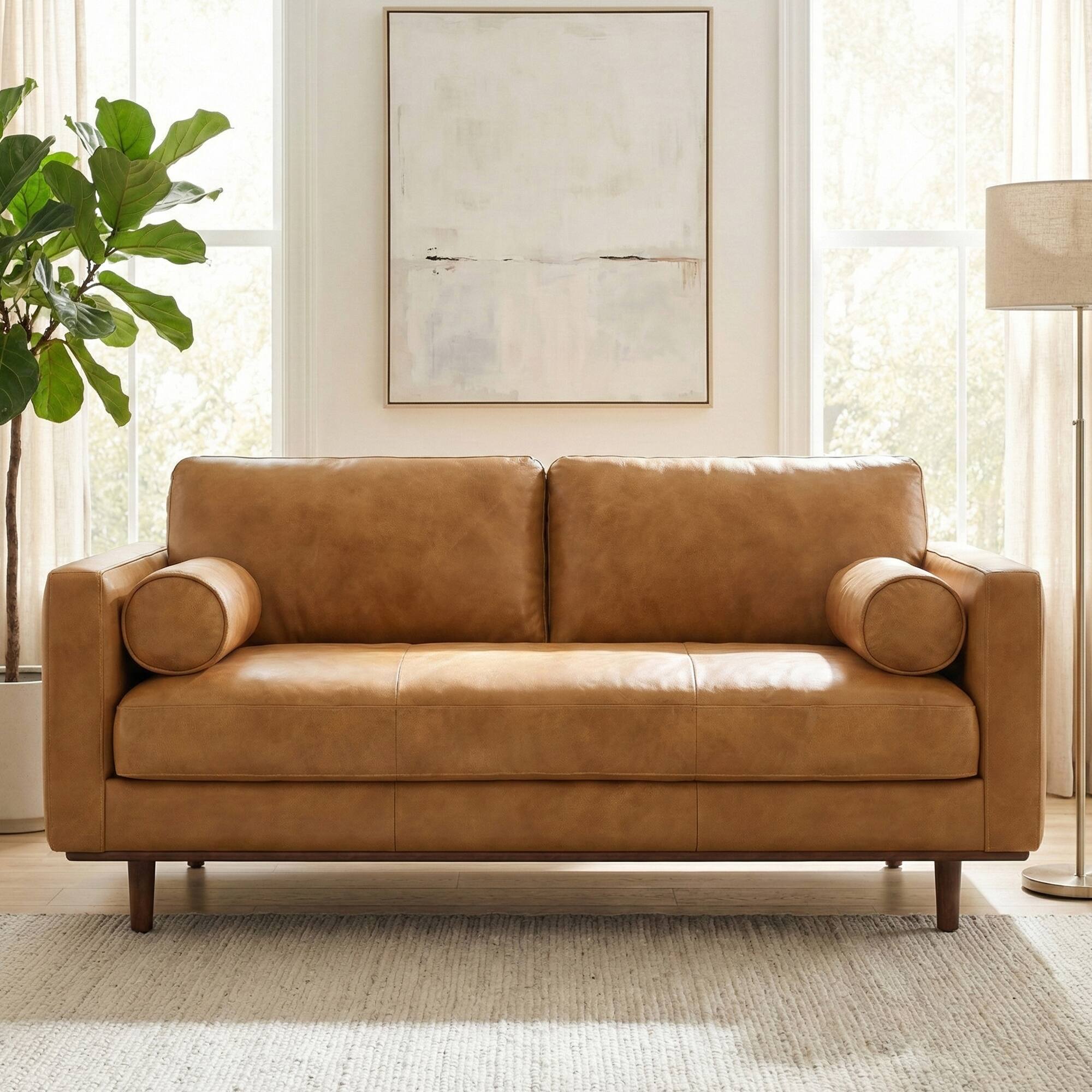 Front. Simpli Home - Morrison 72 inch Wide Mid-Century Modern Sofa in Sienna Top Grain Genuine Leather - Sienna.