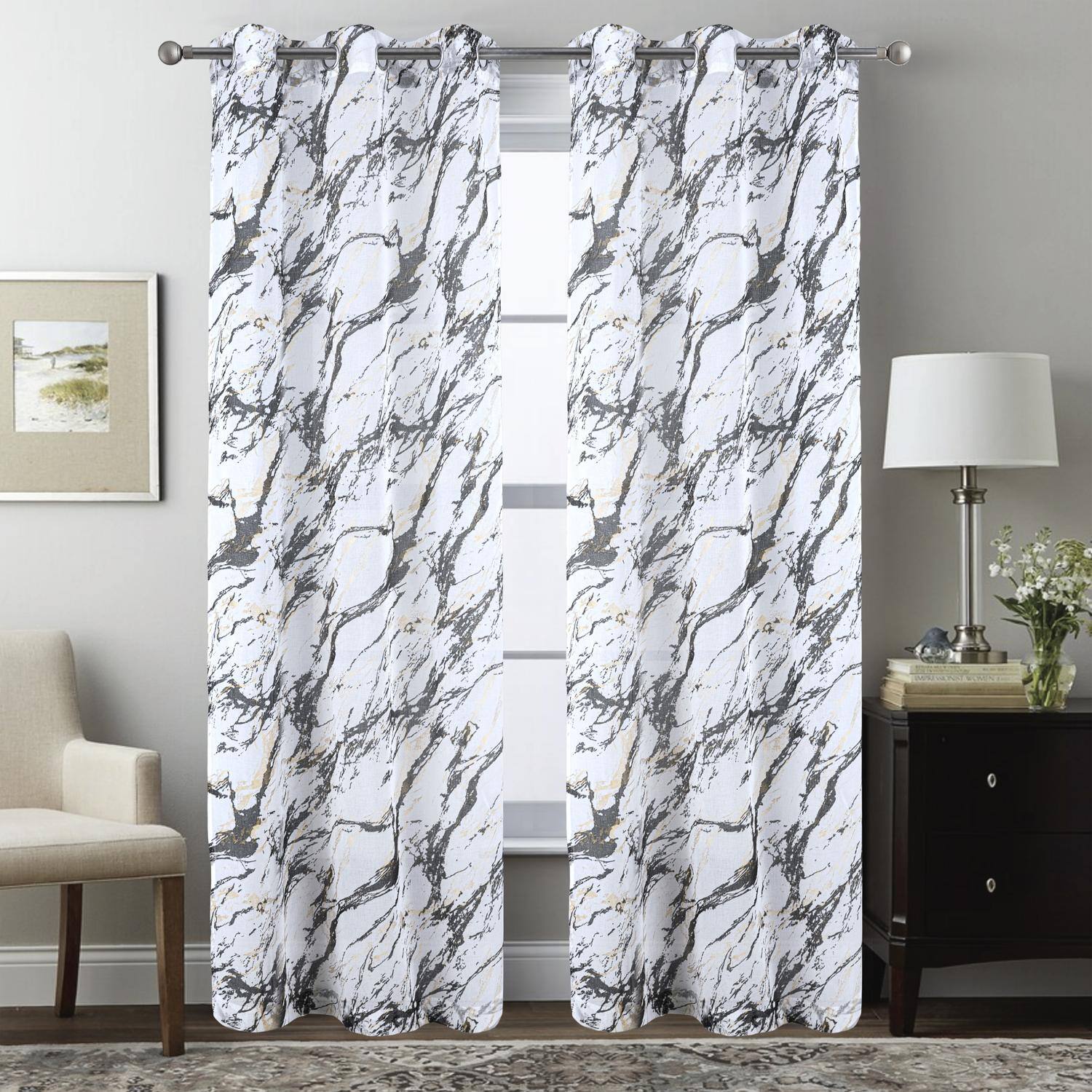 Angle. RT Designers Collection - RT Designers Collection Marble Grommet Metallic Sheer Printed Doily Curtain Panel 54" x 90" Black - Black.