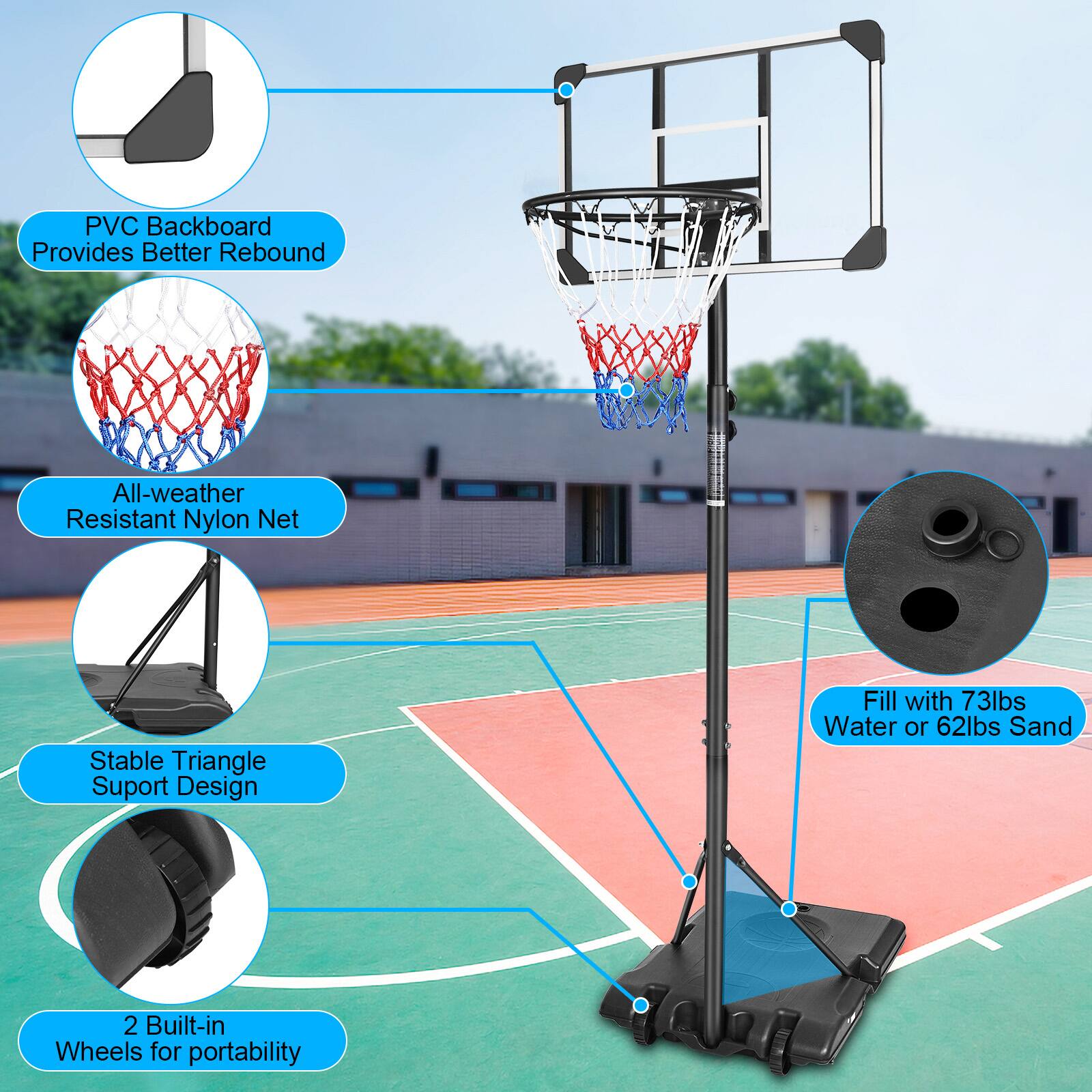 PVC Backboard Provides Better Rebound  
All-weather Resistant Nylon Net  
Stable Triangle Support Design  
Fill with 73lbs Water or 62lbs Sand  
2 Built-in Wheels for portability