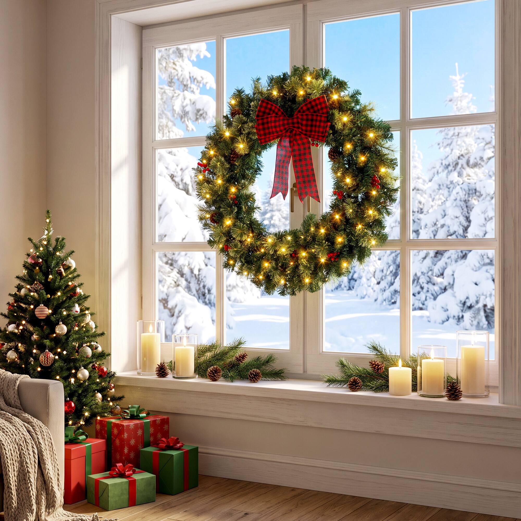 Alt View 8. Homcom - Prelit Crestwood Spruce Artificial Christmas Wreath, Christmas Decor with Bow, 8 Modes - Green.