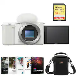 Bundle - Sony - ZV-E10 Mirrorless Camera, White with Corel PC Software Suite, 32GB SD Card, Shoulder Bag