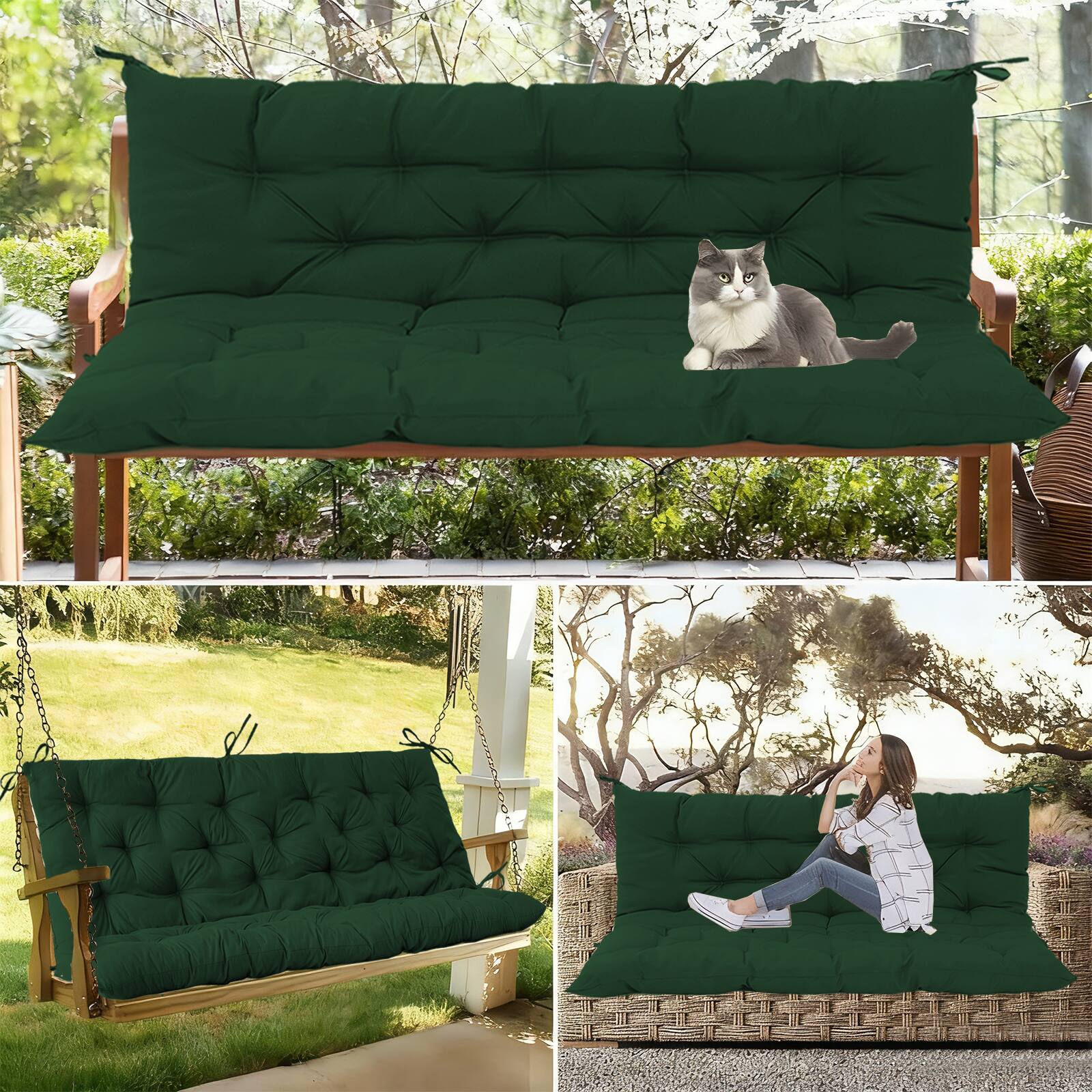 Alt View 3. Chateau Abodes - Outdoor Replacement Seat Cushions for 2-3 Person Swing & Bench, Waterproof Sofa Pads with Backrest for Patio Furniture - Dark Green-40x40in.