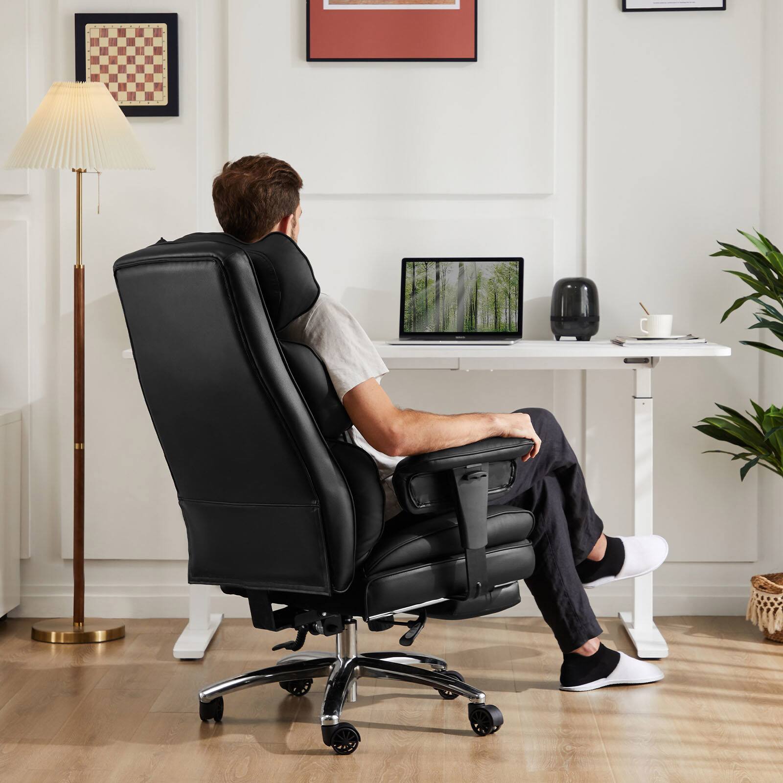 Left. Spaco - Spaco PU Leather Swivel Executive Office Chair, High Back Ergonomic Lumbar Support Footrest, Reclining Adjustable Height - Black.