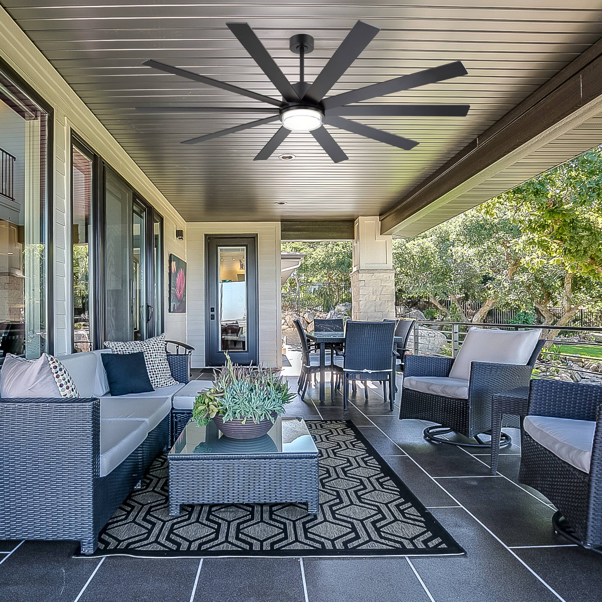 Angle. Breezary - 75-Inch LED Ceiling Fan with Light, 10 Plywood Blades, DC Motor, Remote, Includes 6, 12 & 23.4 Inch Downrods - black.