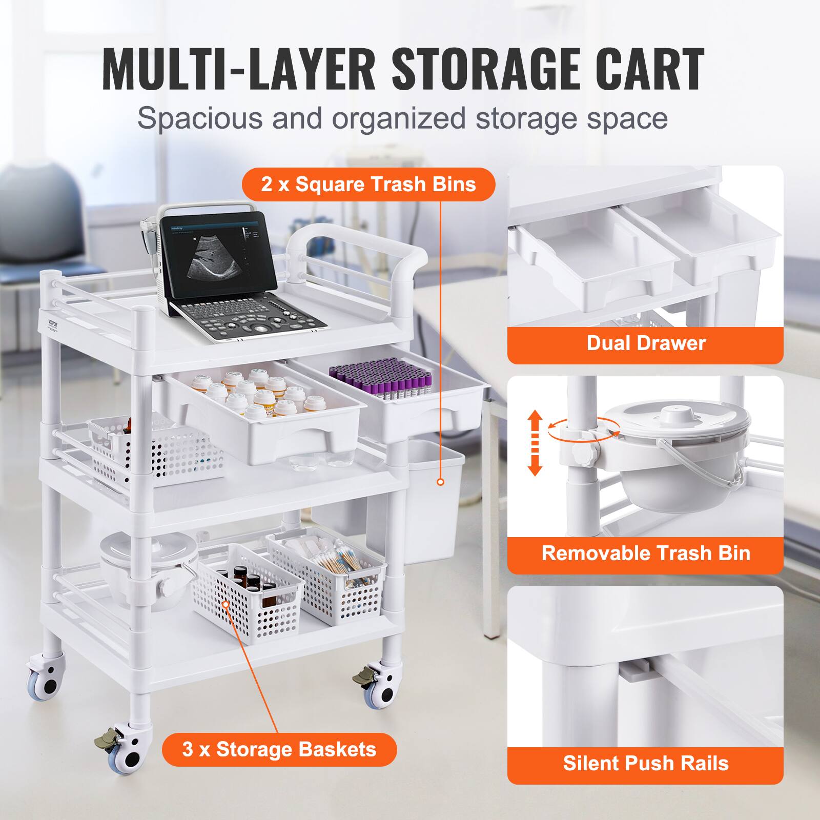 MULTI-LAYER STORAGE CART Spacious and organized storage space
2 X Square Trash Bins
3 X Storage Baskets
Dual Drawer
Removable Trash Bin
Silent Push Rails