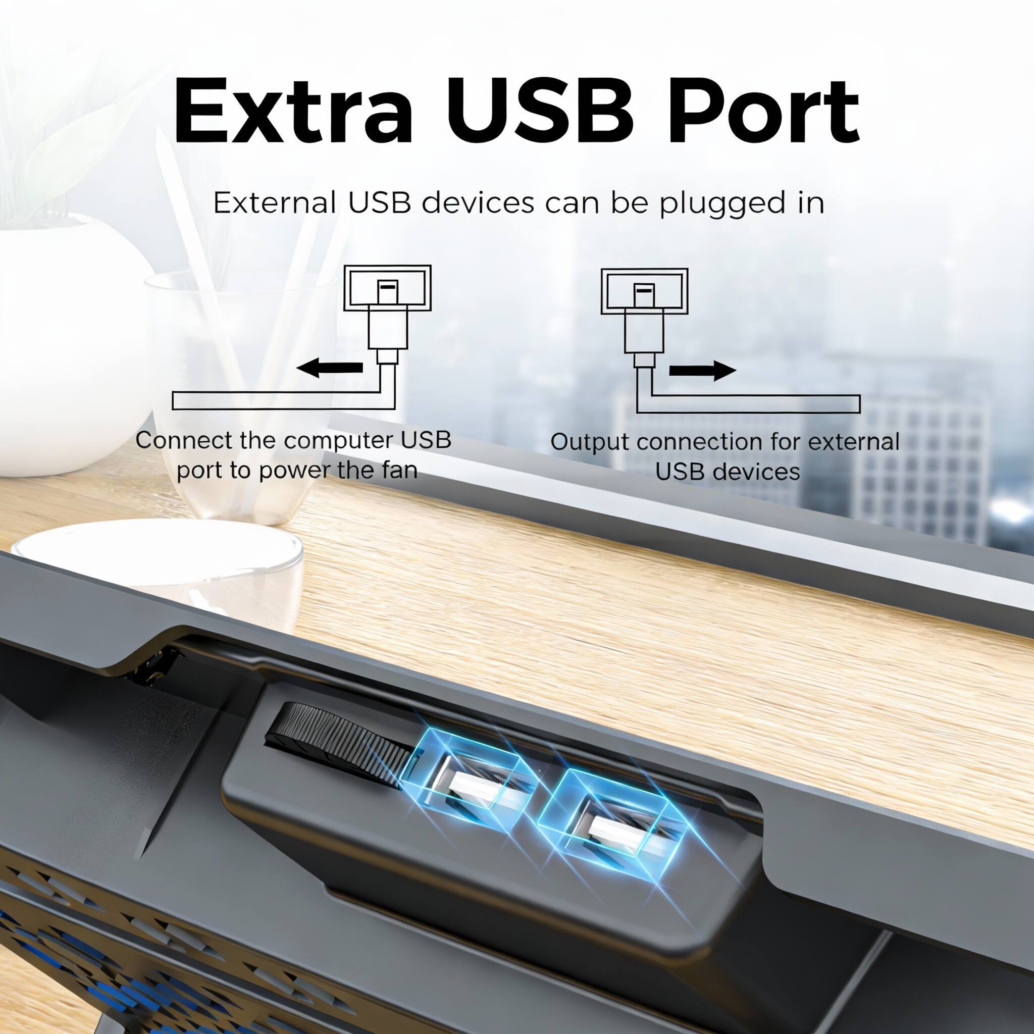 Extra USB Port  
External USB devices can be plugged in  

Connect the computer USB port to power the fan  

Output connection for external USB devices