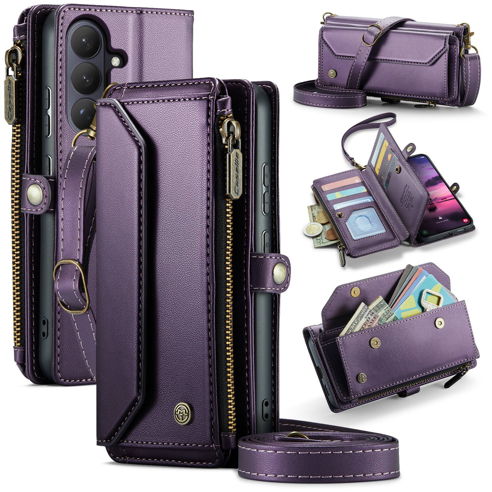 Angle. Dteck - Wallet Case for Samsung Galaxy S26, PU Leather RFID Blocking Card Holder Kickstand Cover with Crossbody Strap - Purple.