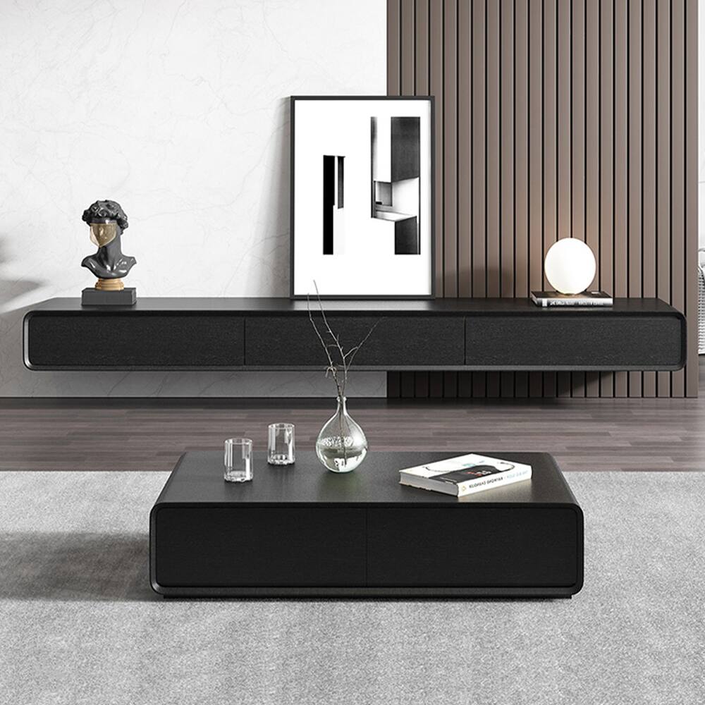 Angle. POVISON - 63" Fully-Assembled Black Floating TV Stand Solid Wood - Black.