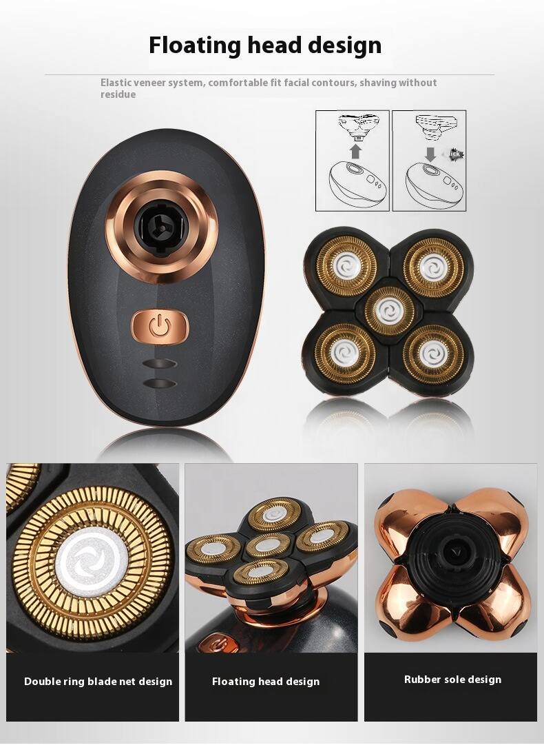Floating head design  
Elastic veneer system, comfortable fit facial contours, shaving without residue  

Double ring blade net design  

Rubber sole design