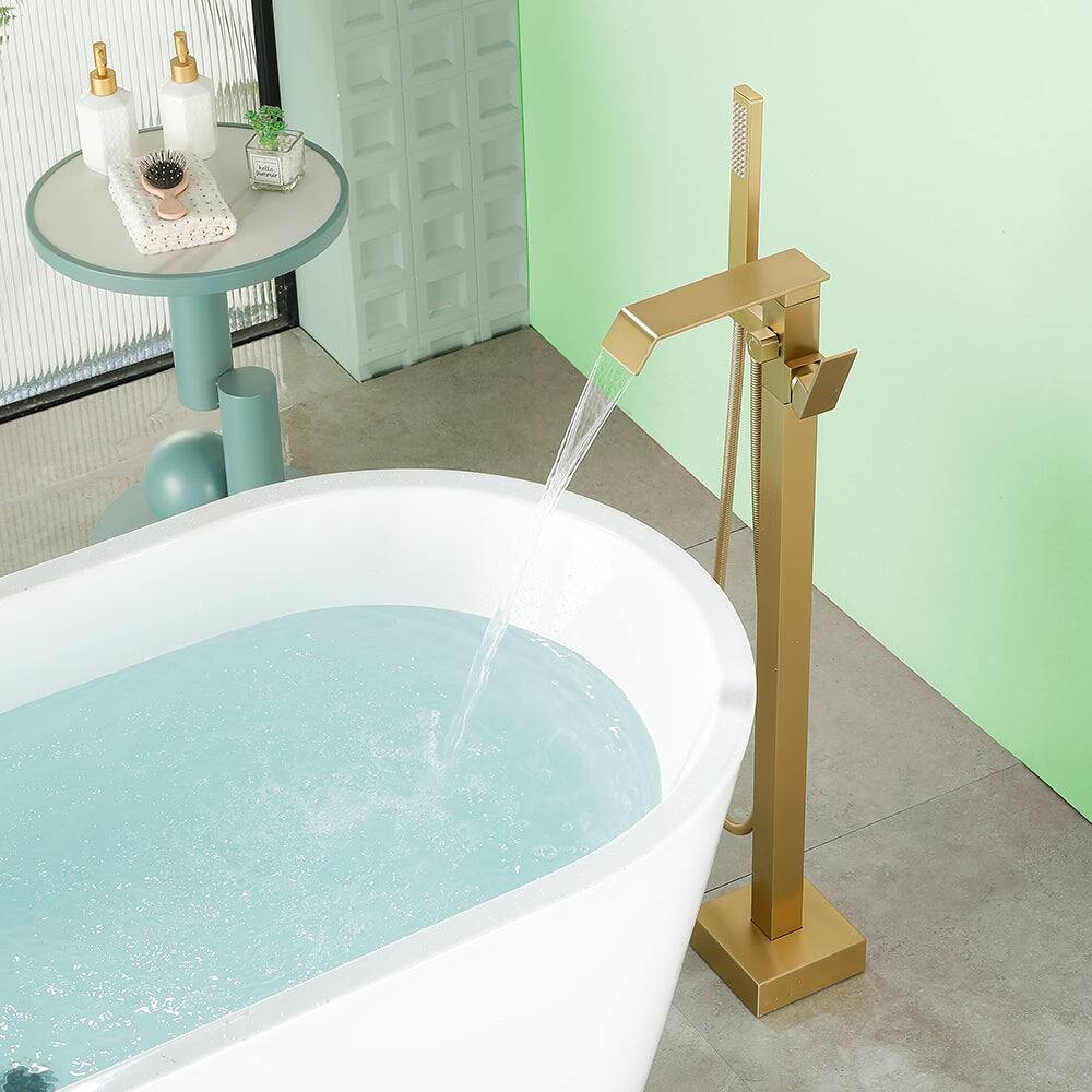 Alt View 2. Boyel Living - Brushed Gold Bathtub Faucet Dual Function 360 Degrees Rotatable 1.5m SUS304 Hose Independent Handles - Brushed Gold.