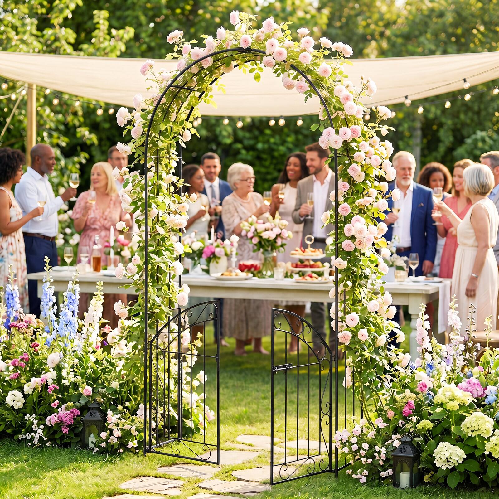 Gymax Garden Arch w/ Gate 79'' Heavy Duty Metal Arbor Trellis w/ Safety ...