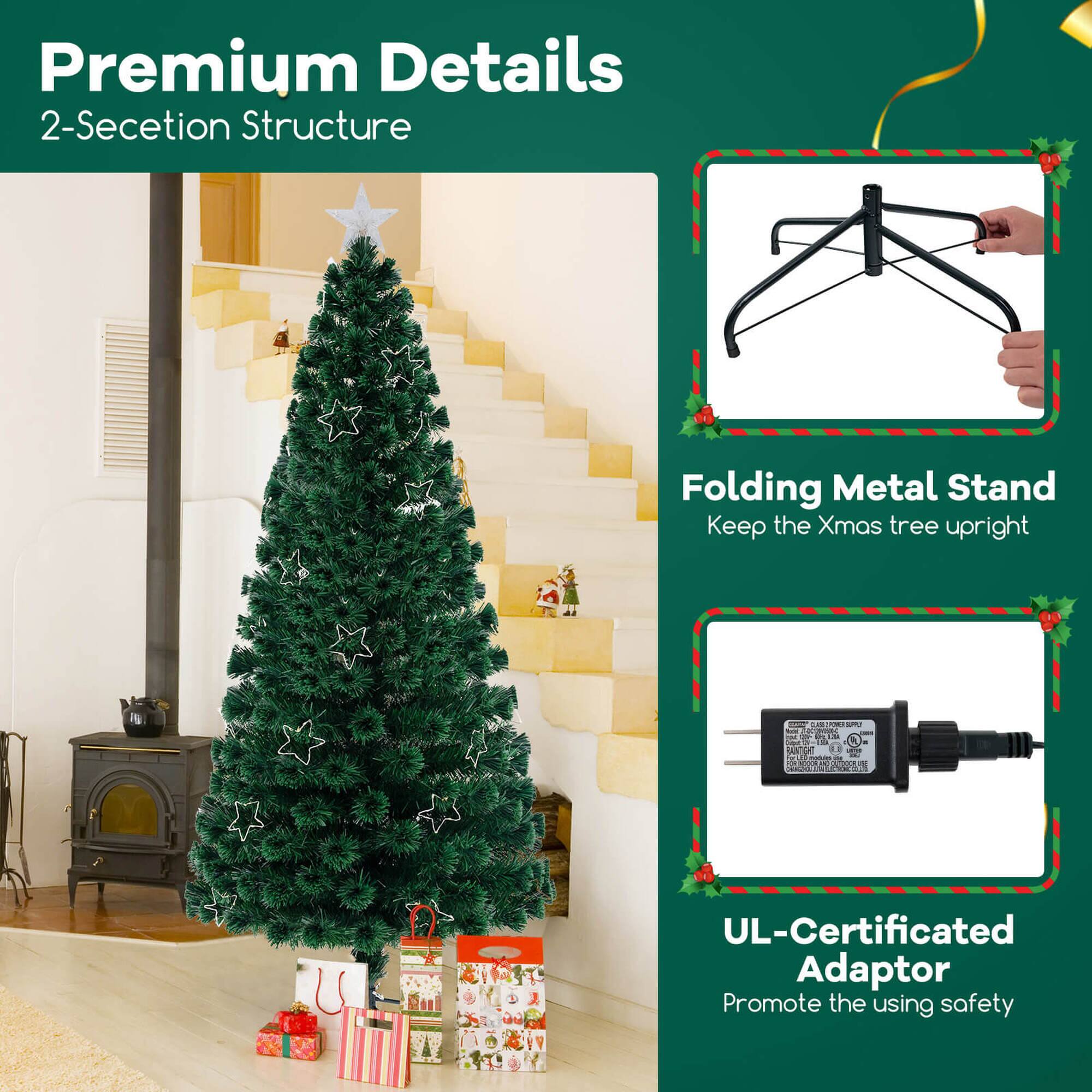 Premium Details 2-Section Structure Folding Metal Stand Keep the Xmas tree upright. UL-Certificated Adaptor Promote the using safety.