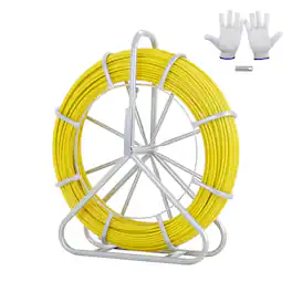 VEVOR - Fish Tape Fiberglass, 656 ft, 1/4 inch, Duct Rodder Fishtape Wire Puller, Cable Running Rod with Steel Reel Stand - Yellow;White