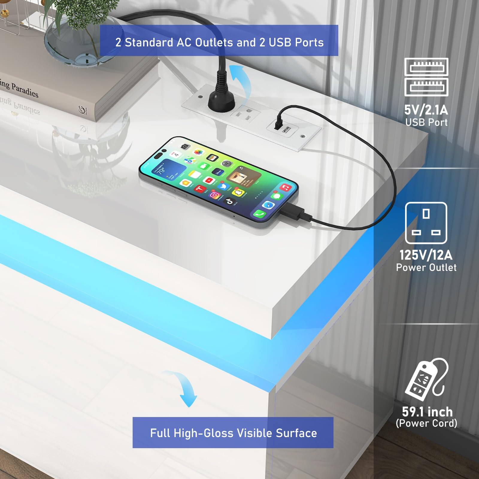 2 Standard AC Outlets and 2 USB Ports

5V/2.1A USB Port

125V/12A Power Outlet

Full High-Gloss Visible Surface

59.1 inch (Power Cord)