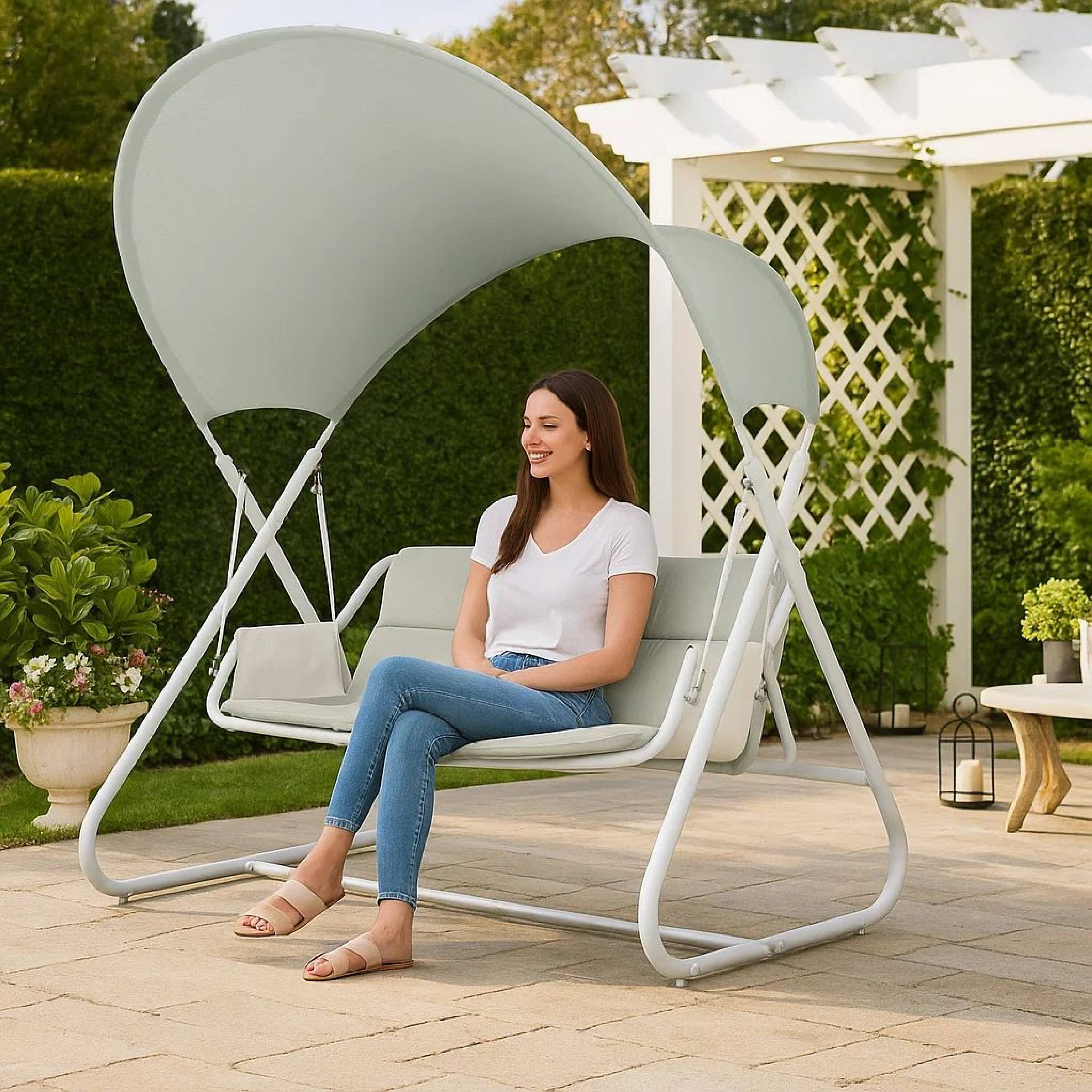 Alt View 8. Manhattan Lane - Diz Outdoor Hanging  Double Swing Sofa Chair, White Powder Coated Steel - White.