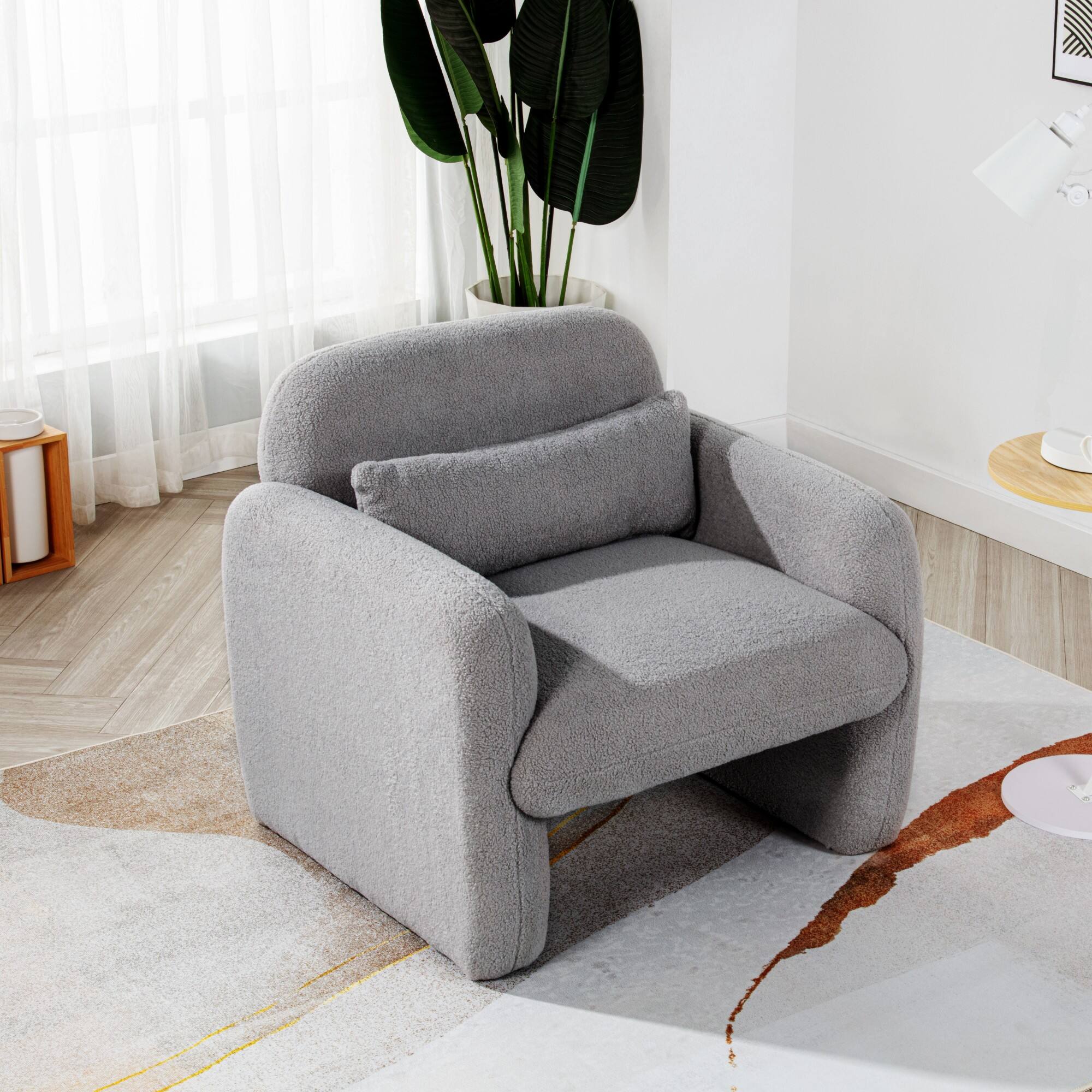 Left. GOODSILO - Minimalist Teddy Fleece Single Sofa Chair with Arms and Pillow for Living Room, Bedroom, Study - Gray.